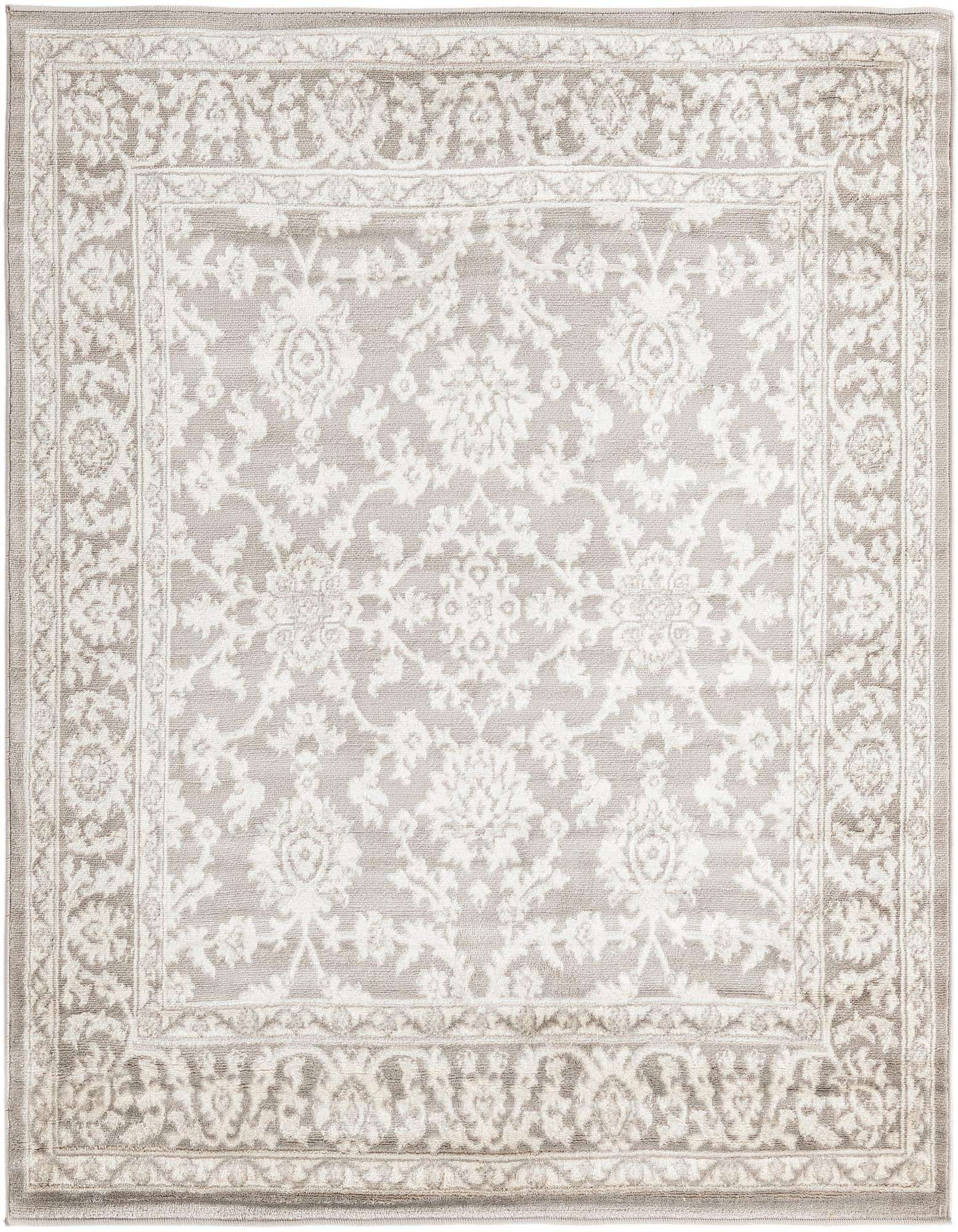 A 5' 3 x 5' 3 square gray traditional rug with an intricate off-white floral and oriental pattern.