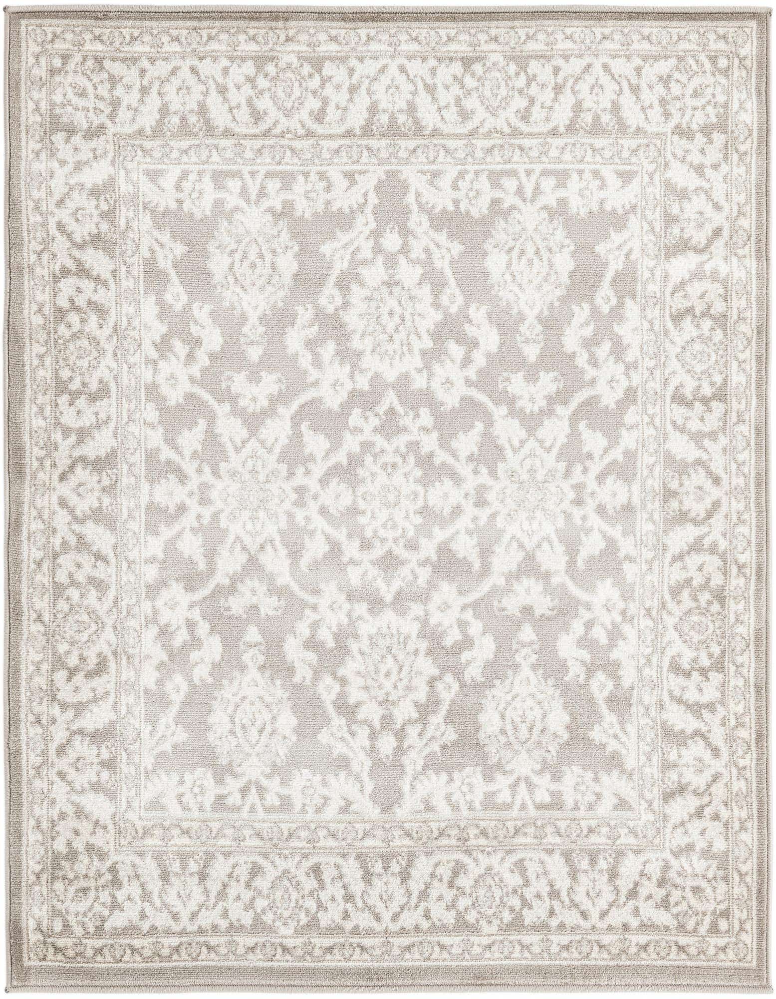 A 4x4 square gray traditional rug with an intricate white floral and oriental pattern and a decorative border.