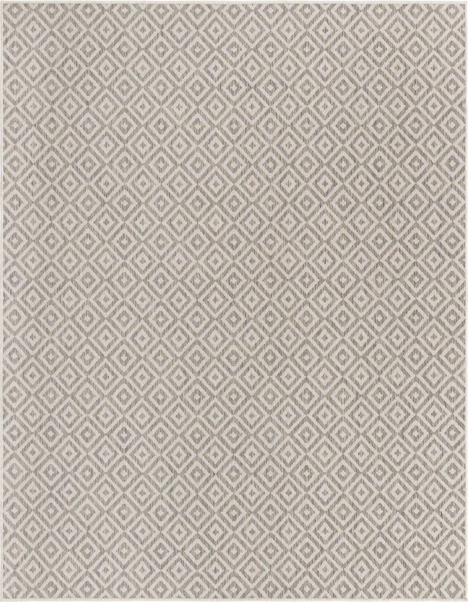 A 7' 10 x 7' 10 square gray indoor/outdoor rug with a modern bohemian trellis pattern, suitable for a patio.
