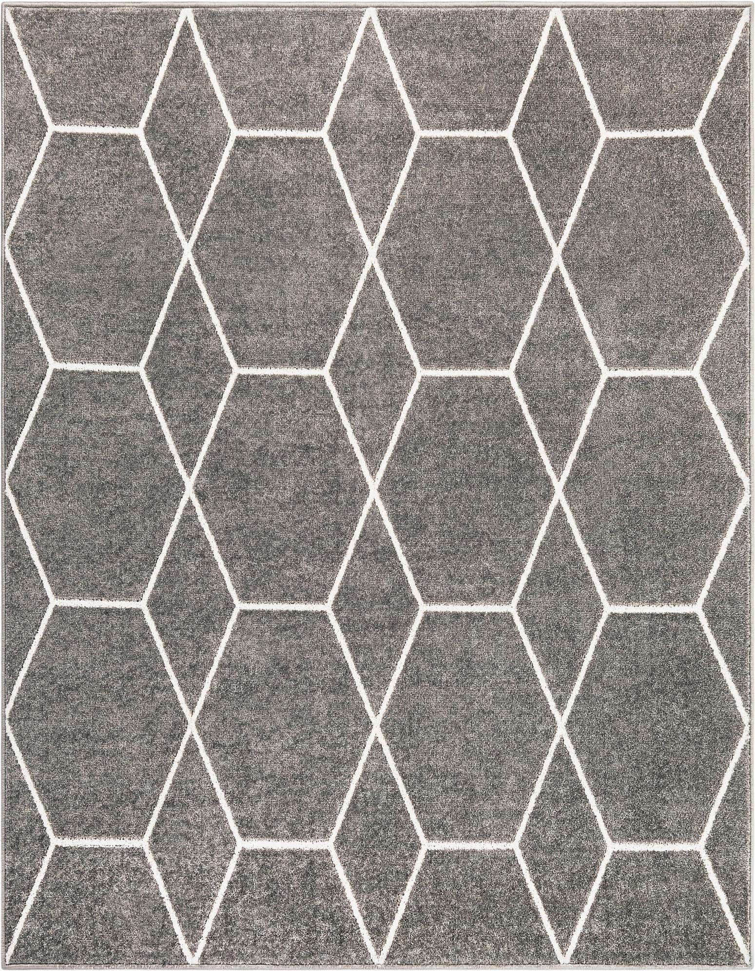A 6'x6' square gray rug with a modern white geometric trellis pattern, suitable for indoor spaces.