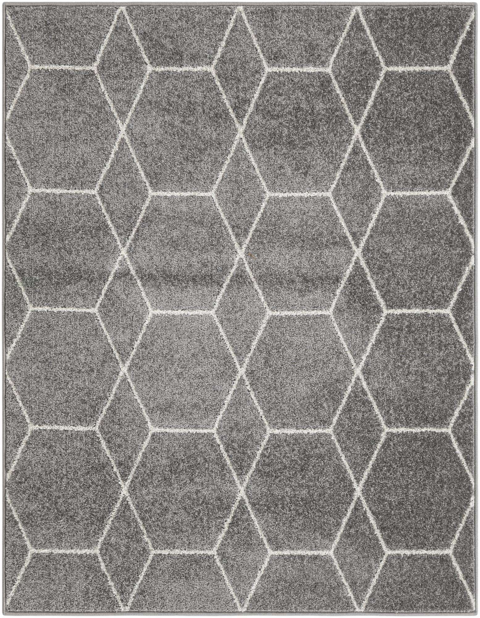 A 4' 5 x 5' 0 square gray area rug with a modern geometric white lattice pattern, suitable for indoor spaces.