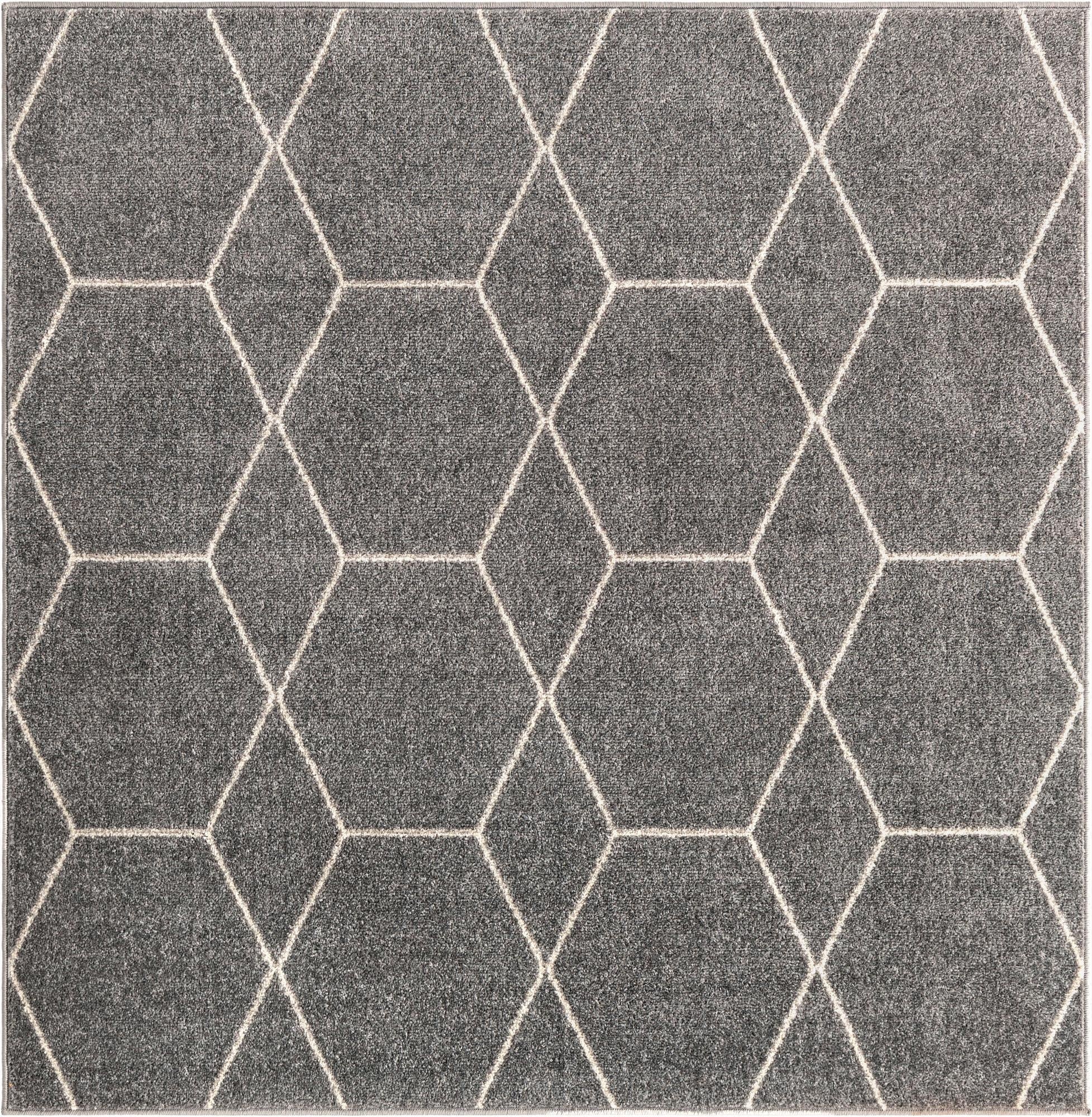 A 4x4 square gray modern rug with a repeating white geometric trellis pattern, suitable for an indoor living space.