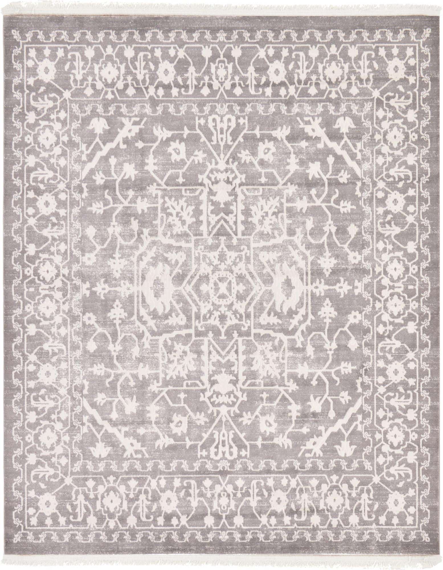 A gray 8'x8' square area rug with a distressed white medallion and botanical pattern, featuring a textured pile and fringe.