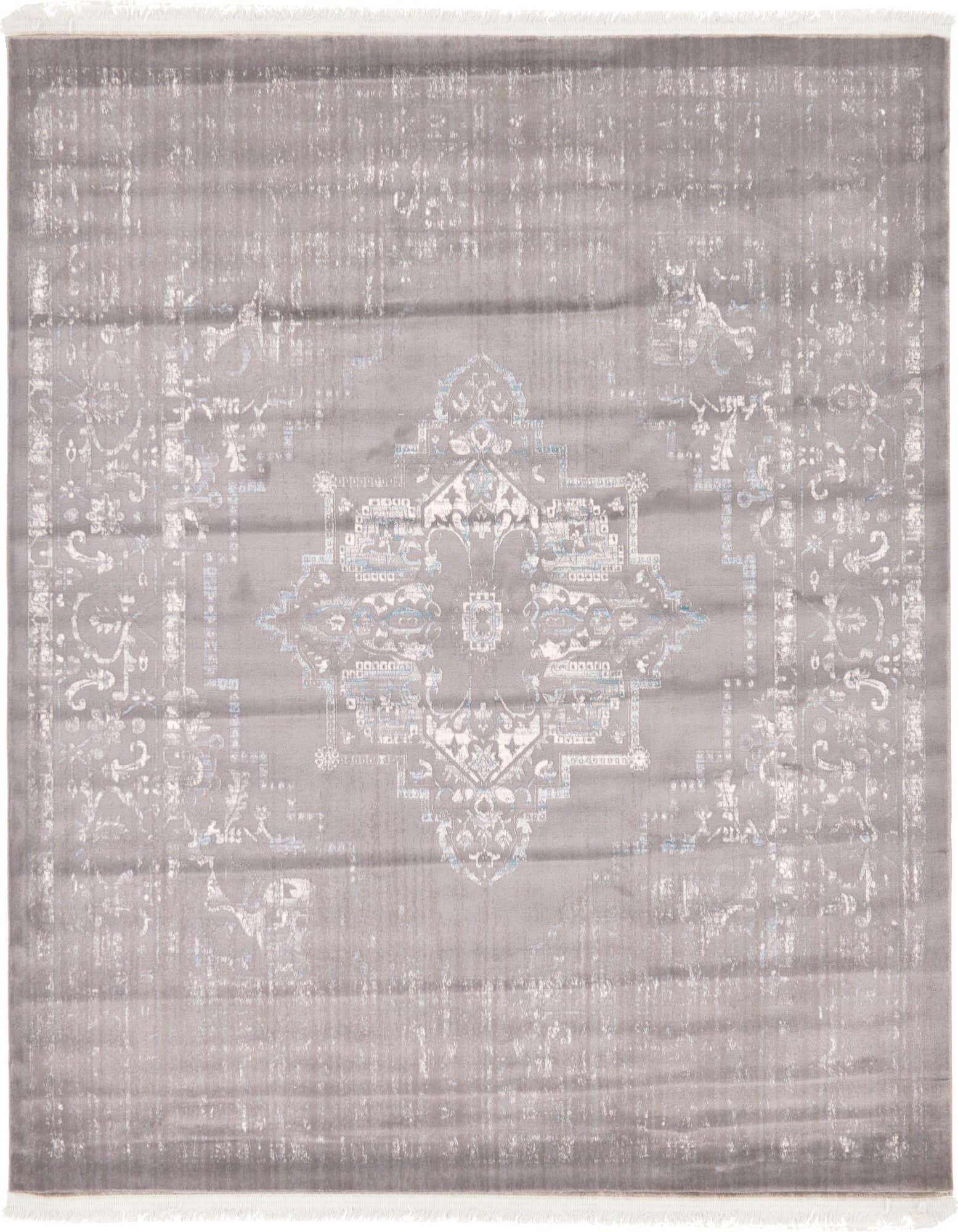 A square 8'x8' gray area rug with a distressed traditional medallion pattern in lighter grays and subtle blues, featuring short white fringe.