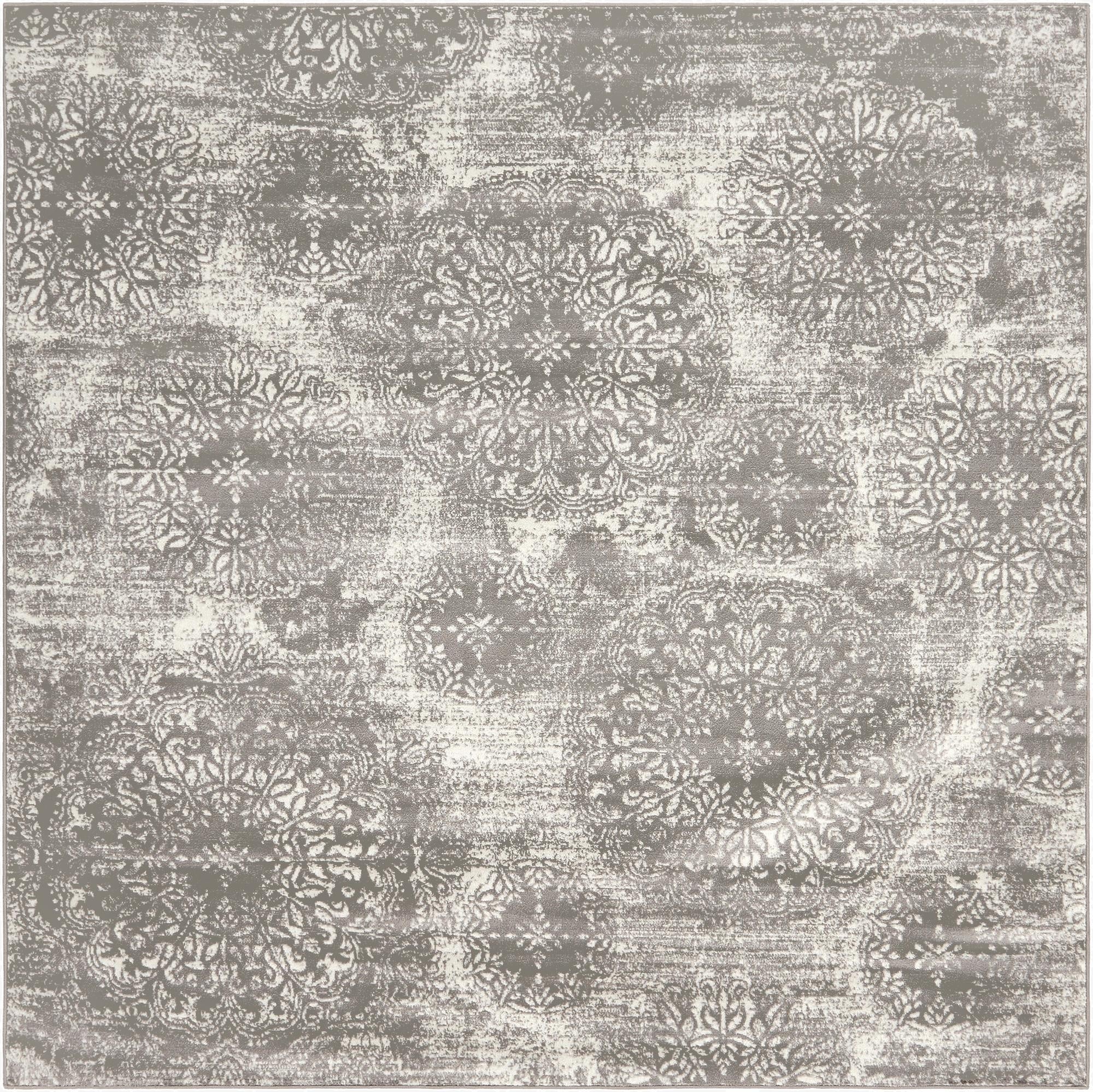 A 7' 10 x 7' 10 square gray area rug featuring a distressed traditional floral medallion pattern in varying shades of gray and silver.