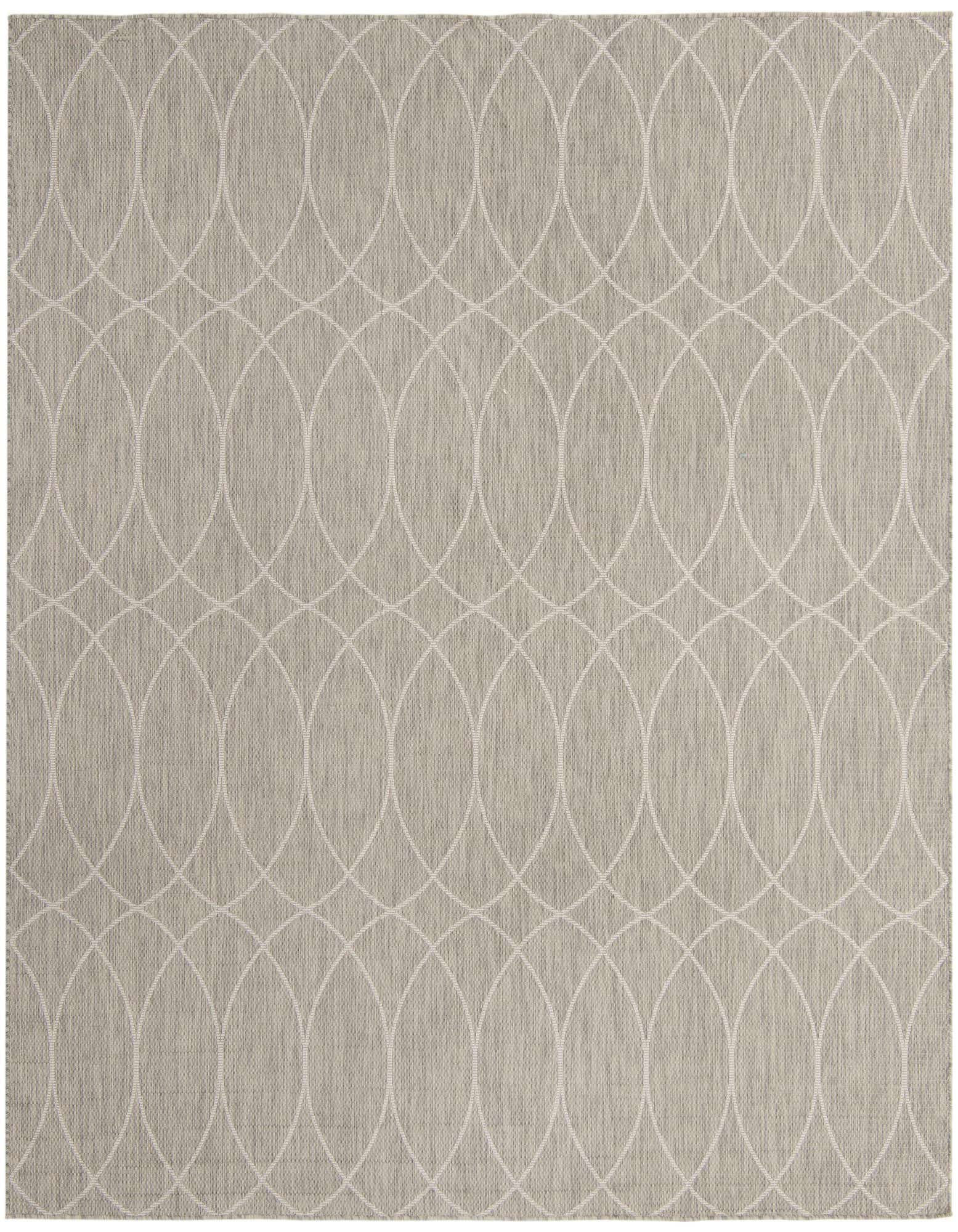 A 10x10 square gray indoor/outdoor rug with a modern trellis pattern of interlocking white ovals.