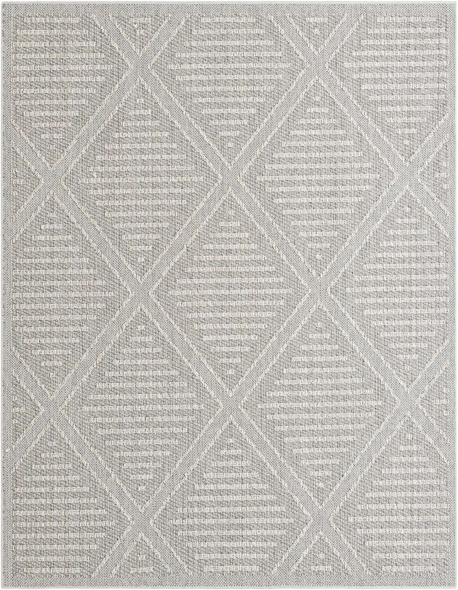 A 7' 10 x 7' 10 square gray indoor/outdoor rug with a modern lattice pattern, ideal for a patio.