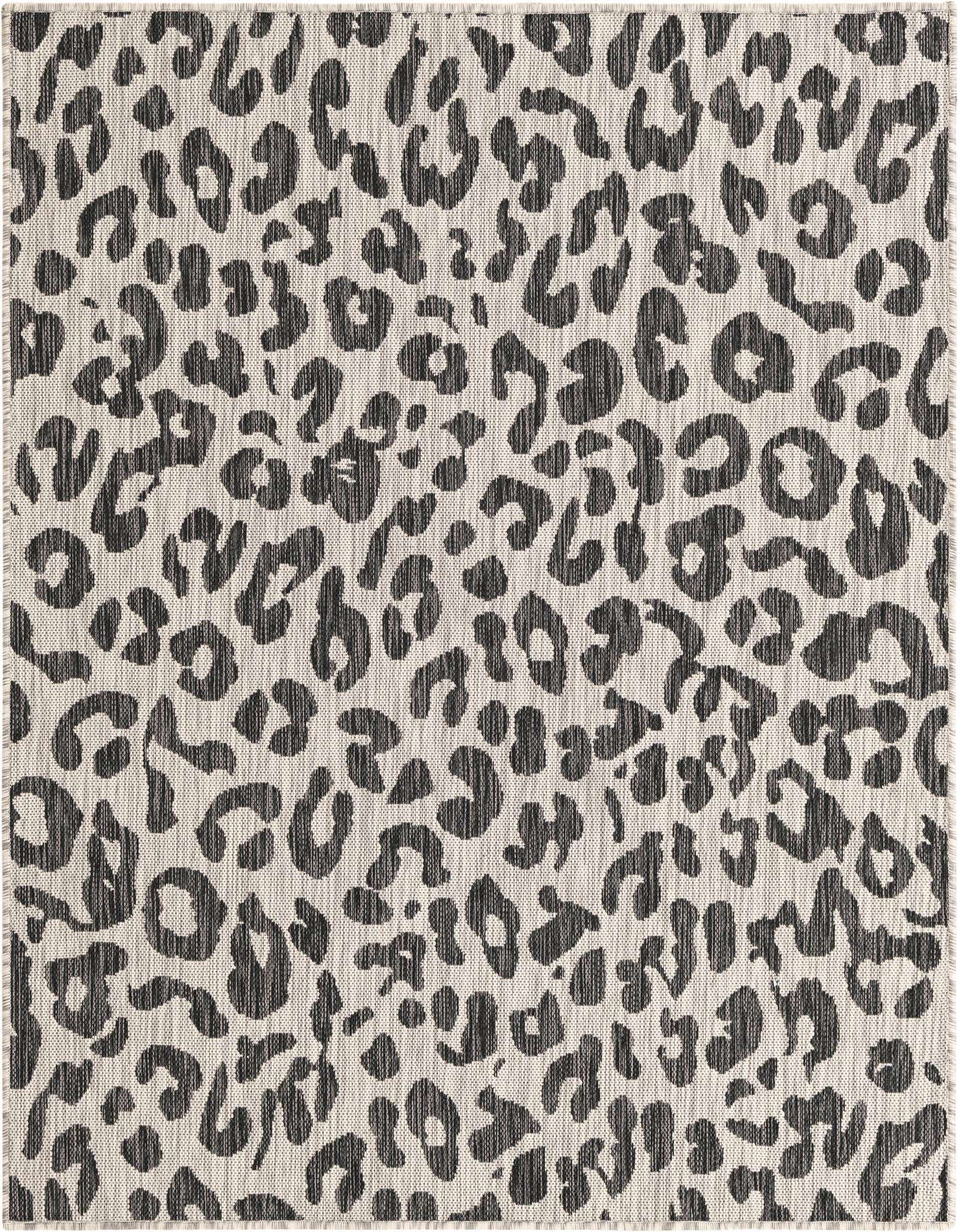 A 5' 3 square gray and silver modern leopard print flatweave rug, ideal for indoor or outdoor use.