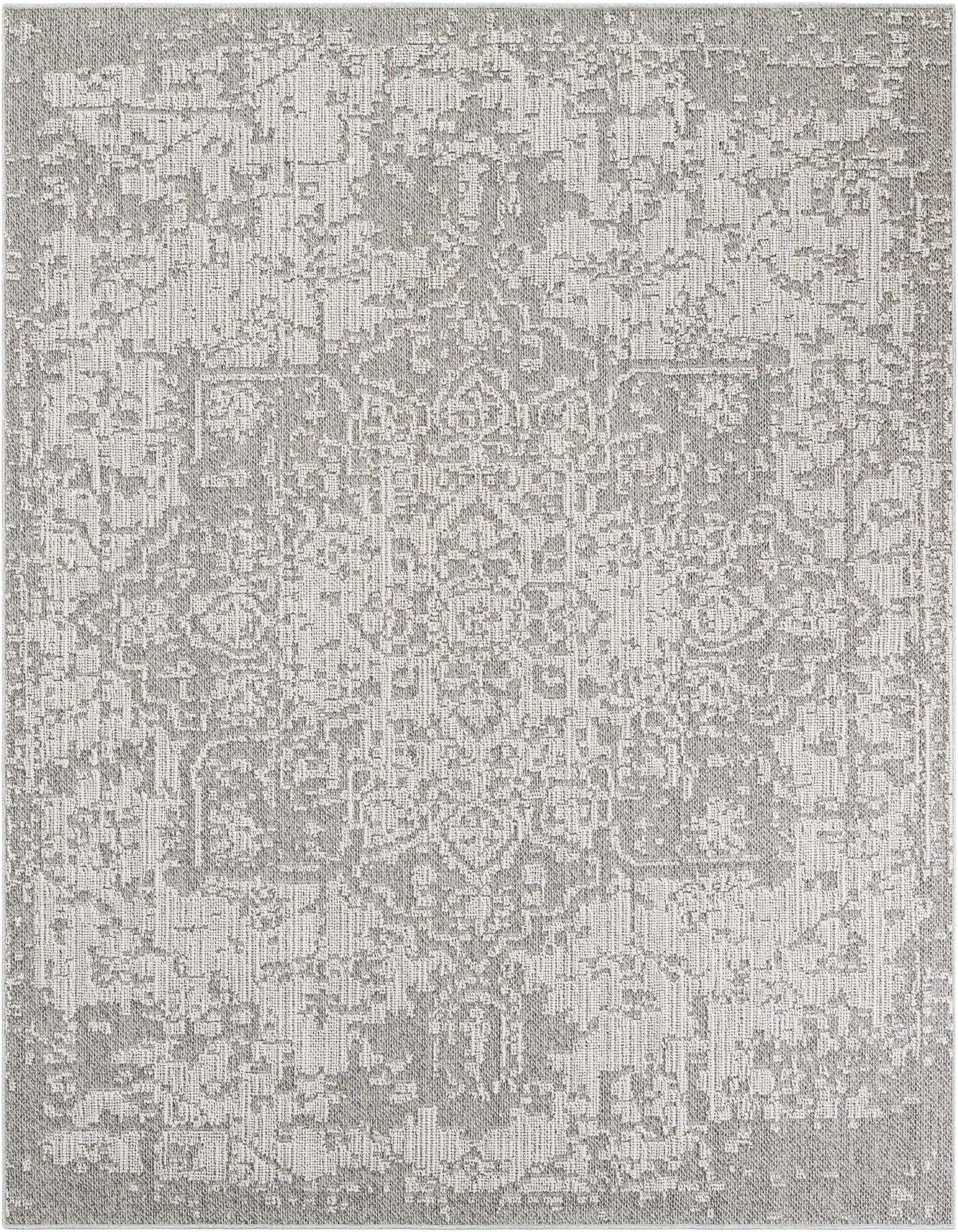 A 7' 10 x 7' 10 square gray and silver indoor/outdoor rug with a distressed traditional medallion pattern, flat pile.
