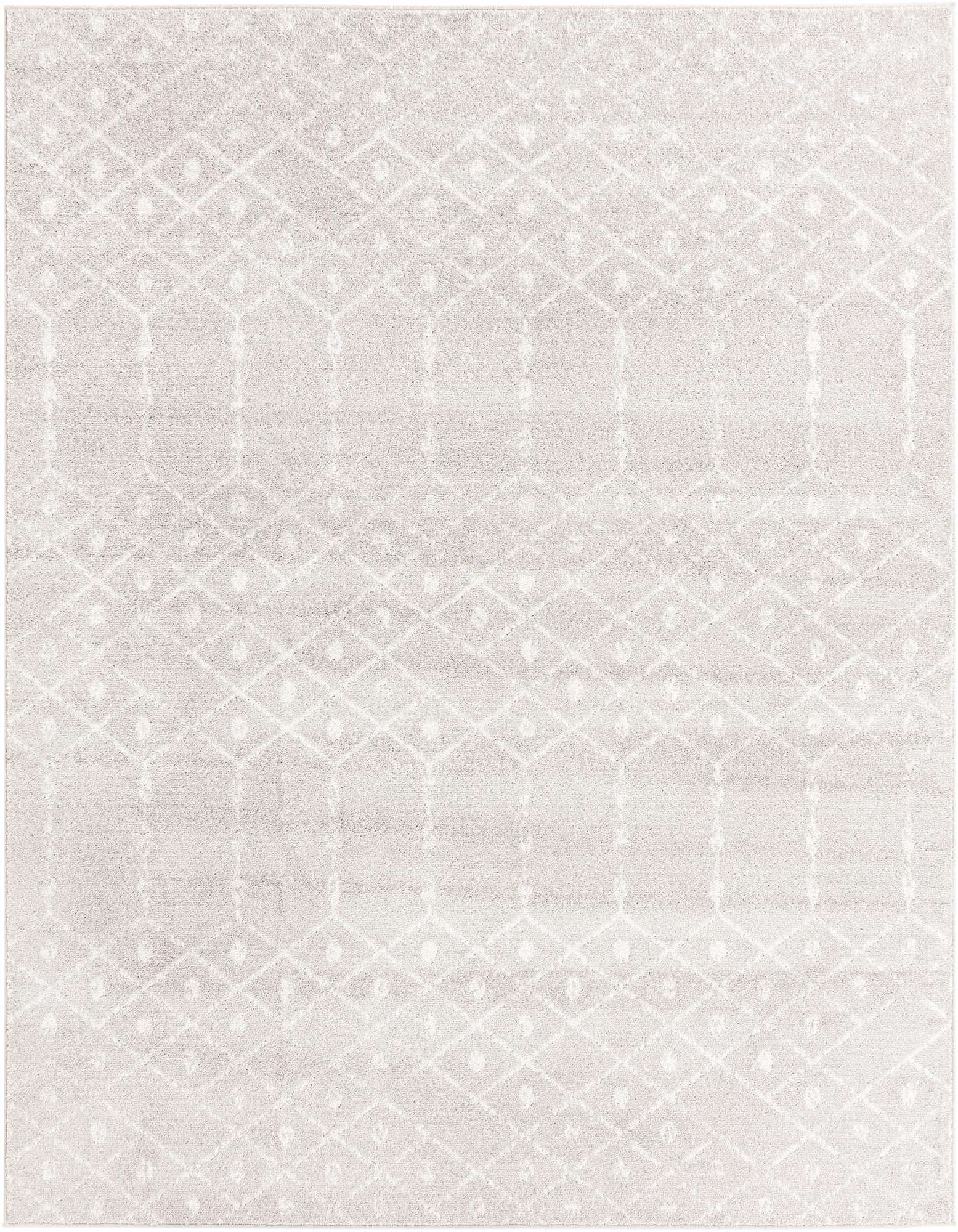 A 7' 10 x 7' 10 square gray area rug with a subtle modern tribal trellis pattern in lighter gray.