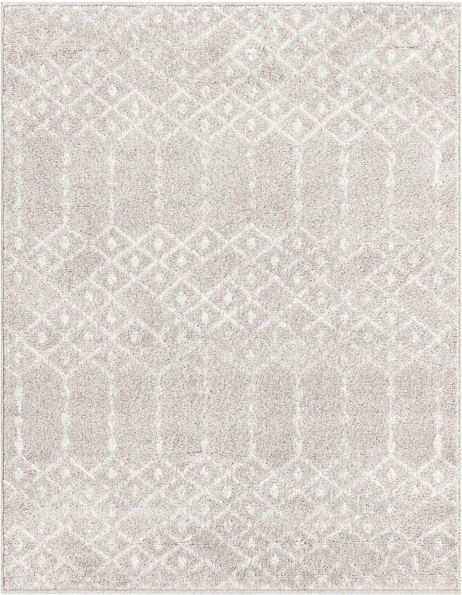 A 4x4 square gray tribal trellis rug with a thin pile, featuring a modern geometric pattern.