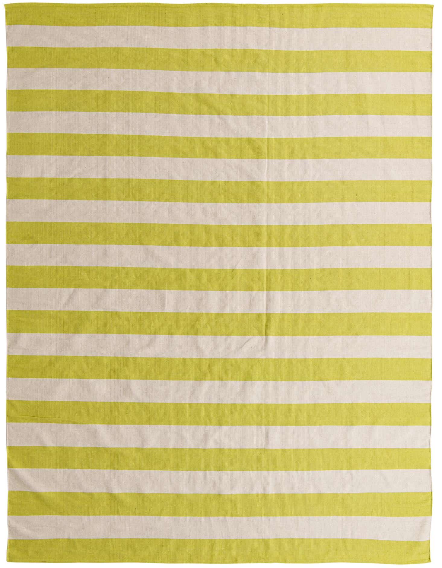 A 9x12 rectangular Kilim Modern rug with horizontal stripes of light green and ivory, suitable for a living room.