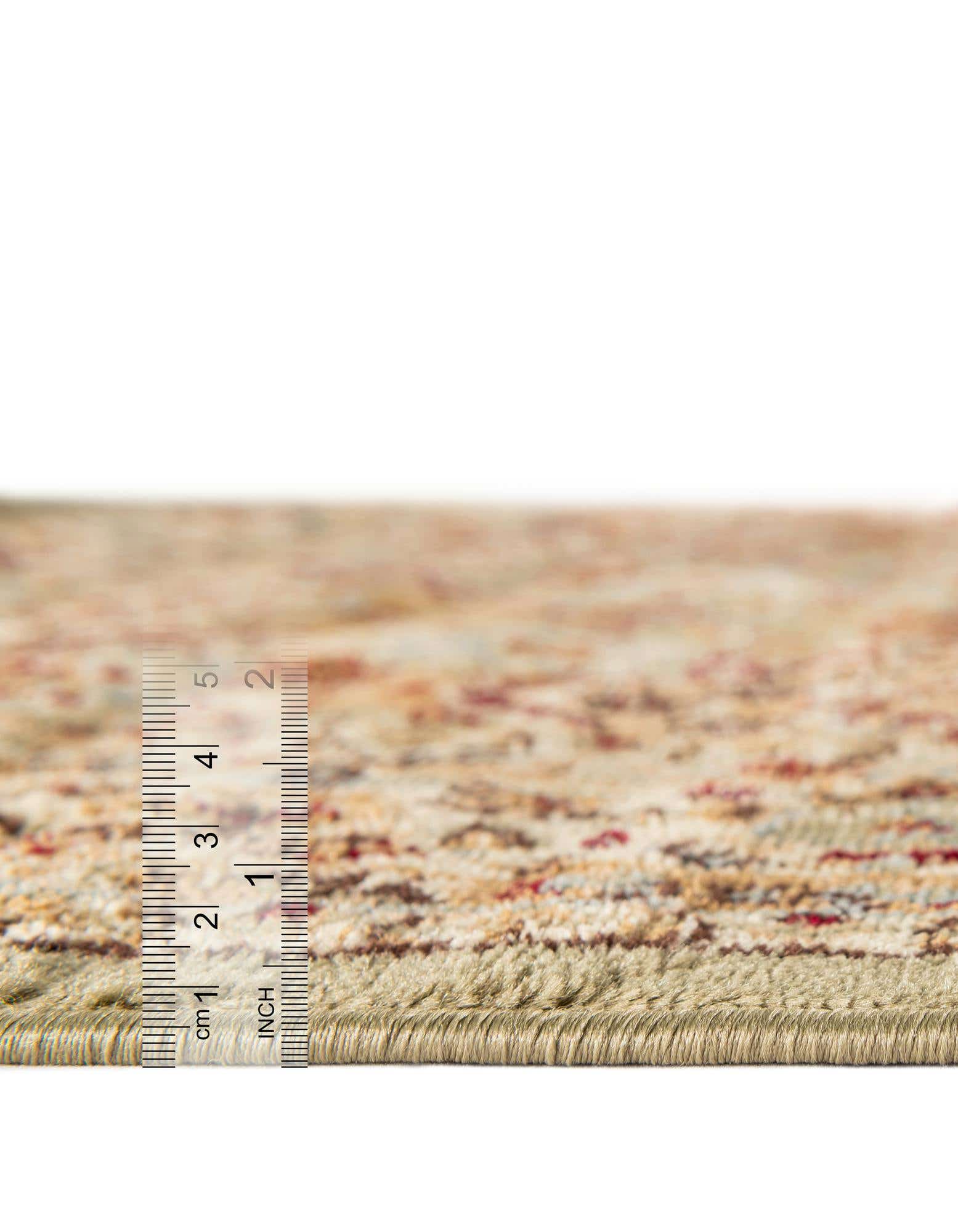 A 5x8 rectangular Aditi rug featuring a traditional floral pattern in greens, cream, and red tones, ideal for a living room.