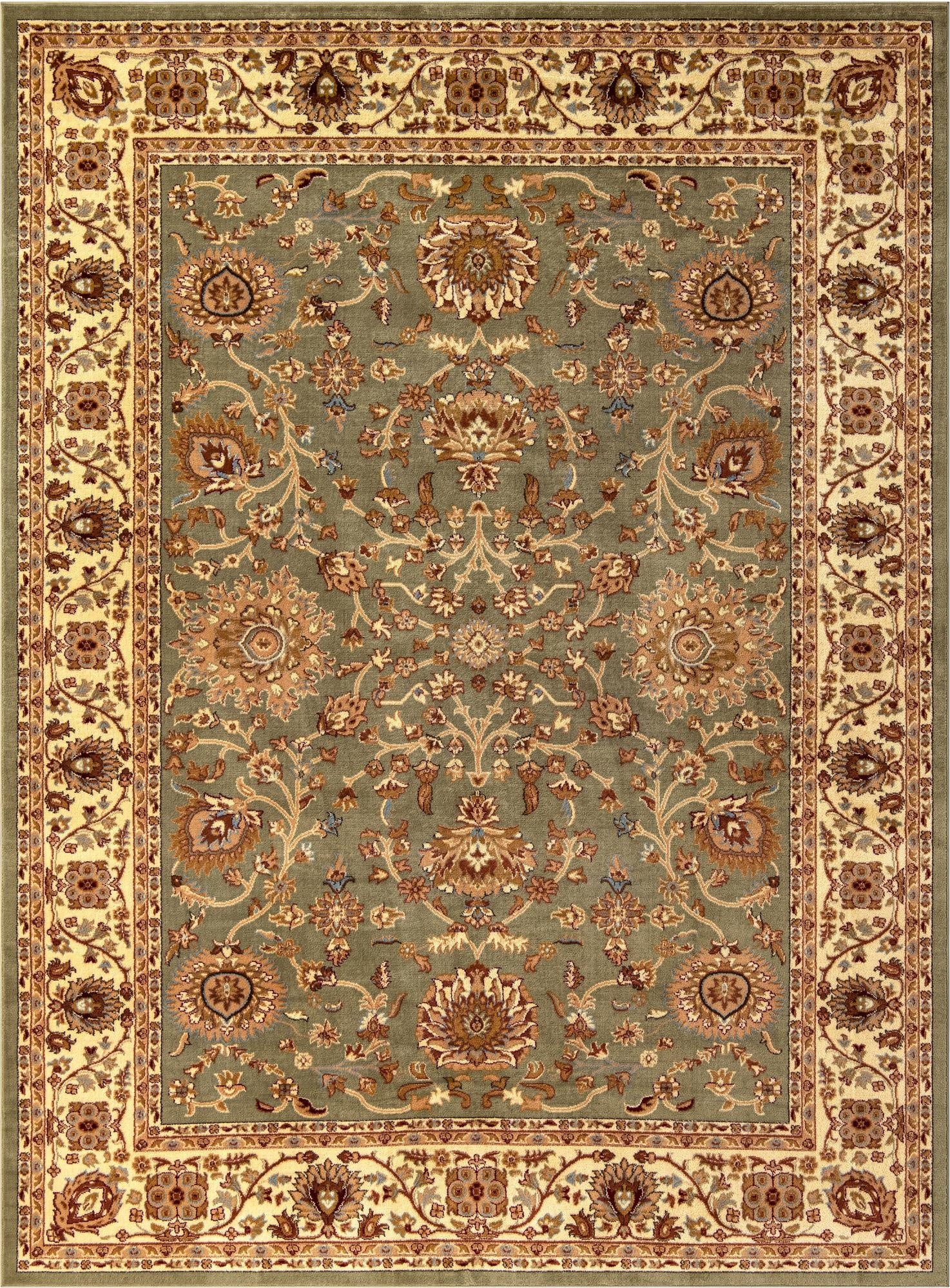 A 9x12 rectangular Aditi rug featuring a traditional French floral pattern in shades of green, cream, and brown.