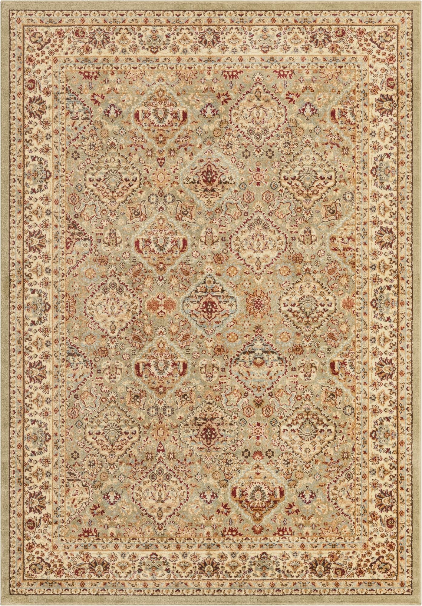 A 7x10 rectangular Aditi rug in green with traditional floral and Bohemian patterns, featuring cream, red, and blue accents.