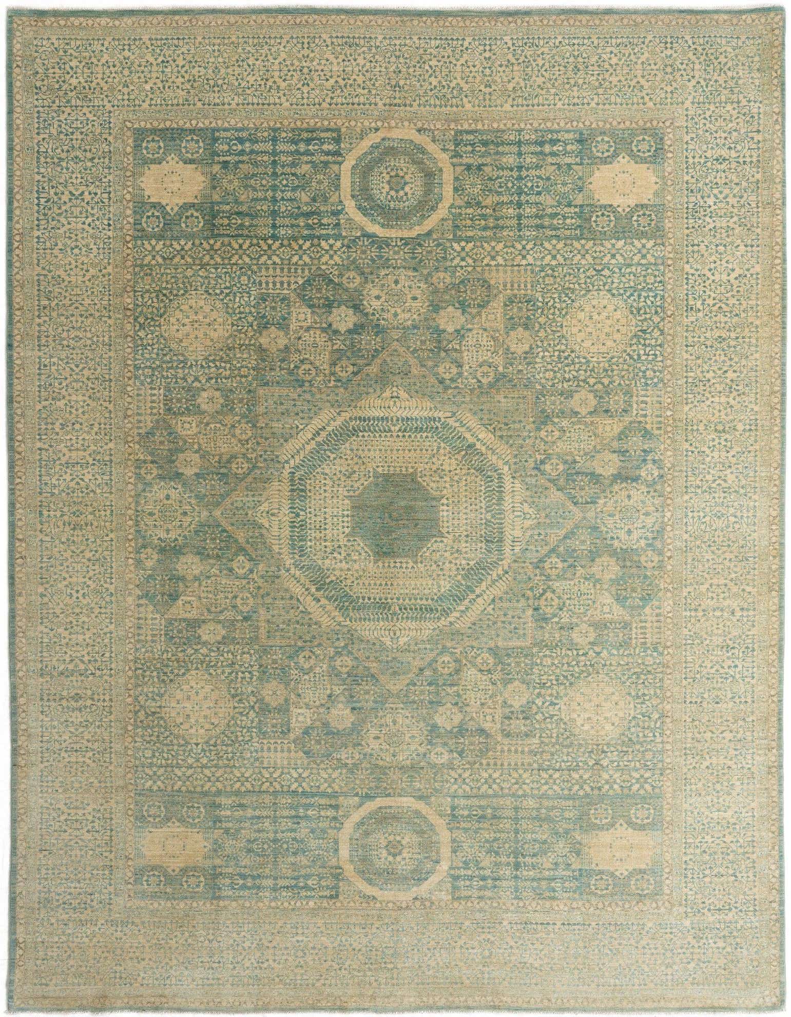 A rectangular handmade Persian rug with a complex geometric pattern in shades of green and beige.