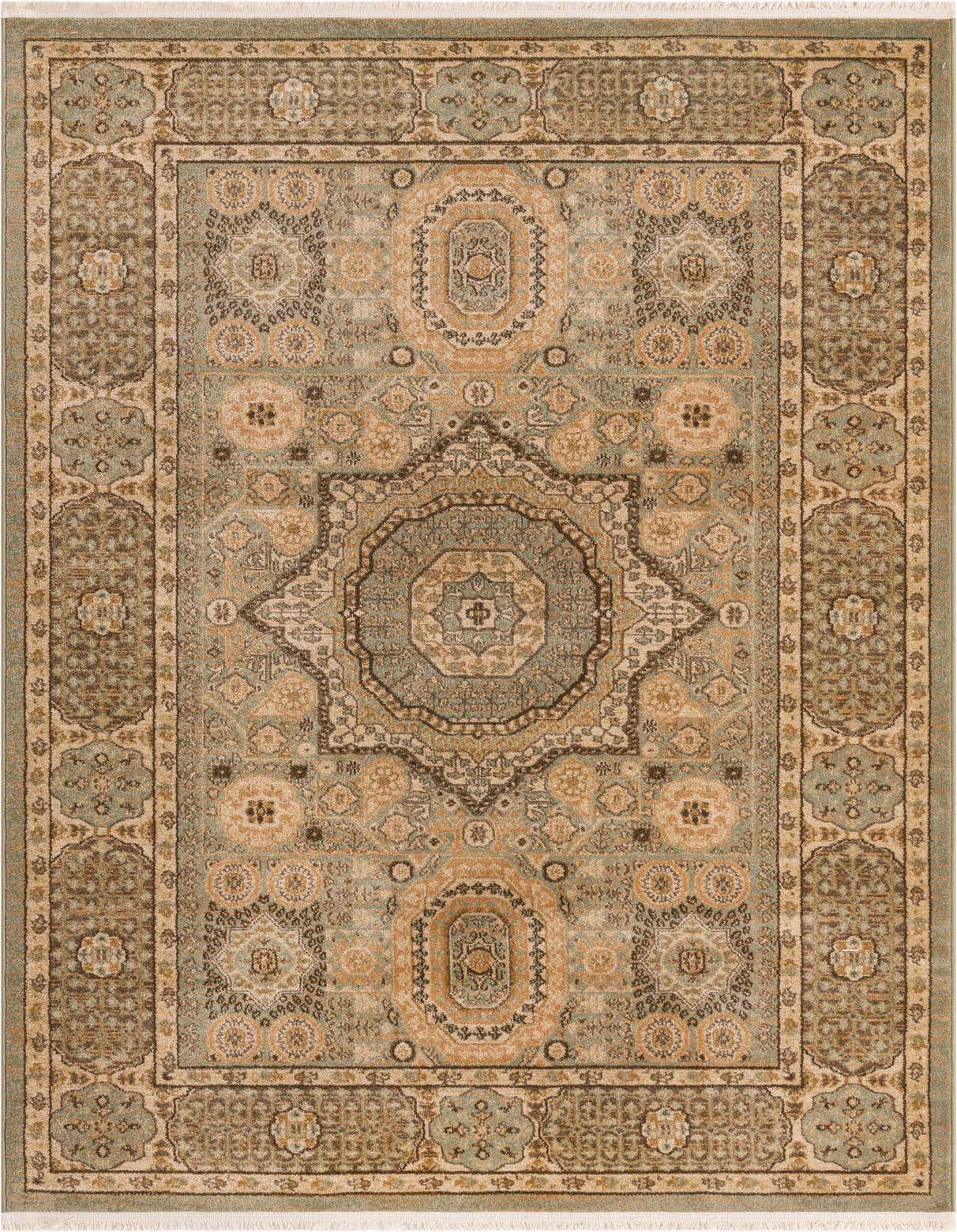 A 5x8 rectangular Amina rug featuring a traditional medallion pattern in shades of green, brown, and beige.