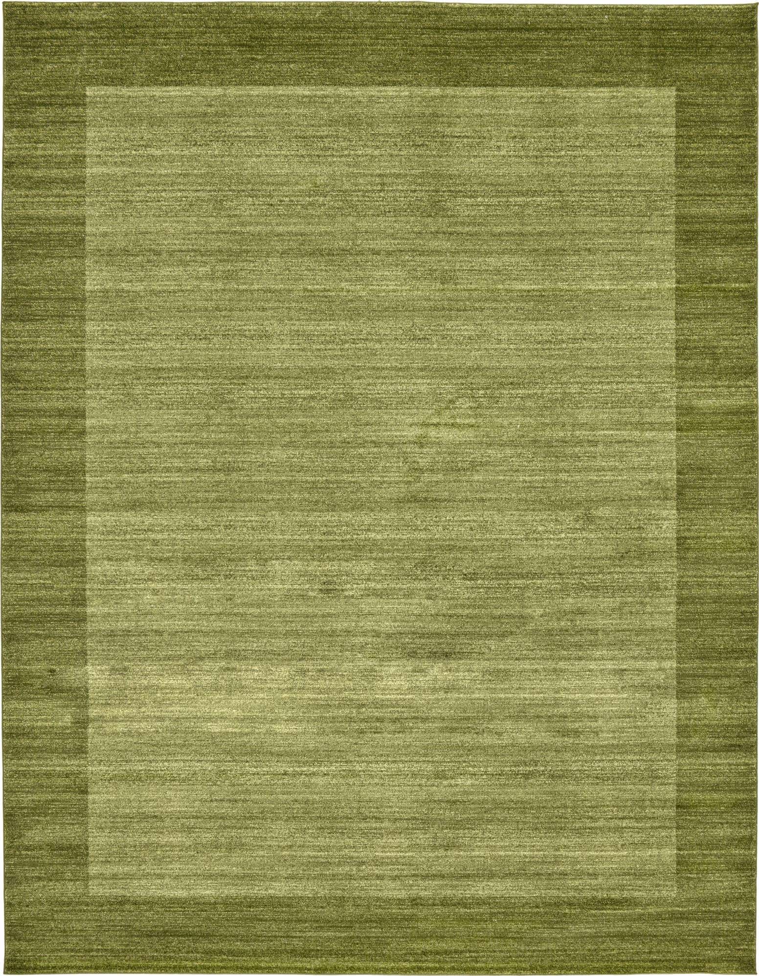A 10x13 rectangular Angelica rug by Rugs.com with a solid green center and a slightly darker green border.