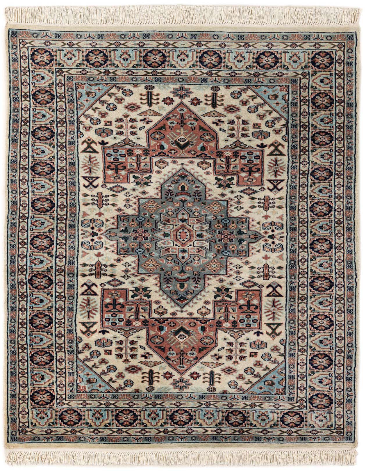 A 4x6 rectangular Bokhara rug with a traditional medallion pattern in shades of green, rust, and cream, featuring fringe.