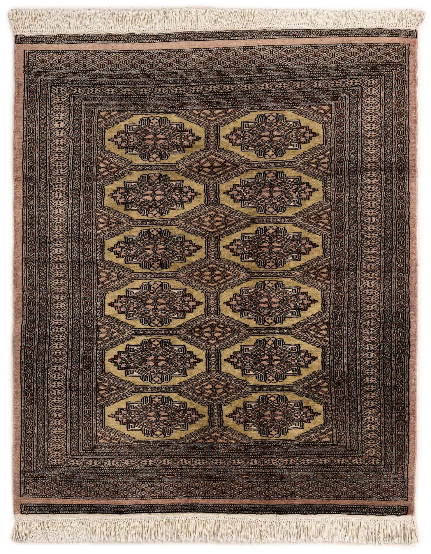 A 4x6 rectangular green and brown Bokhara rug with a traditional tribal pattern and fringe ends.