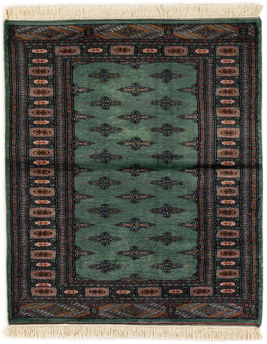 A 3x5 rectangular Bokhara rug in shades of green with a traditional tribal pattern and fringe.