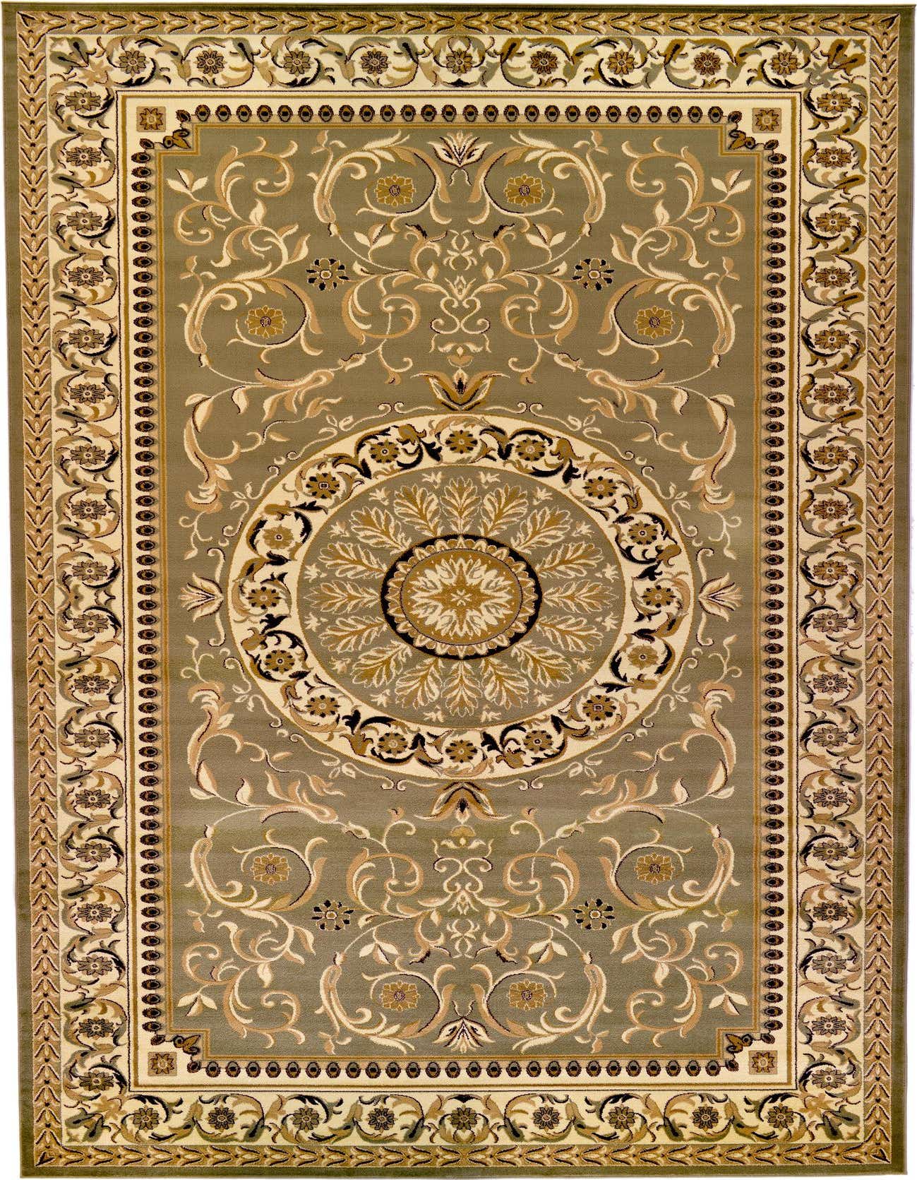A large 10x16 rectangular green traditional area rug with an ornate botanical medallion pattern and cream, gold, and brown accents.