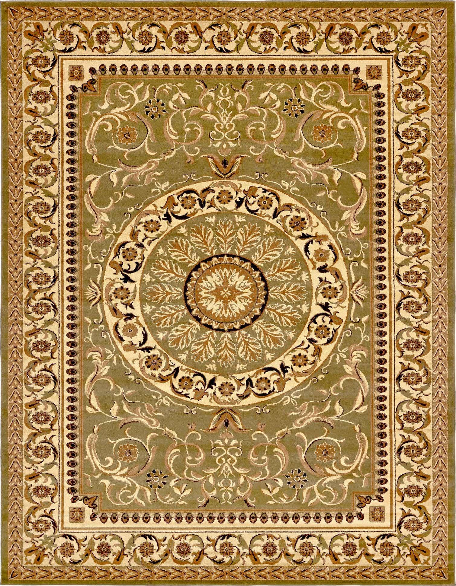 A 10x13 rectangular Chateau rug featuring a traditional botanical medallion pattern in shades of green, beige, and brown.