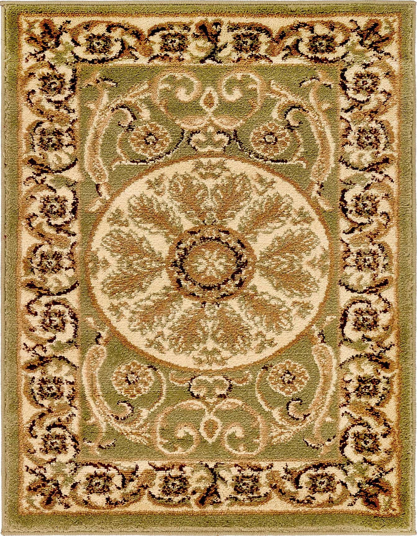 A 2x3 rectangular Chateau rug featuring a traditional green and beige botanical medallion pattern, ideal for an entryway.