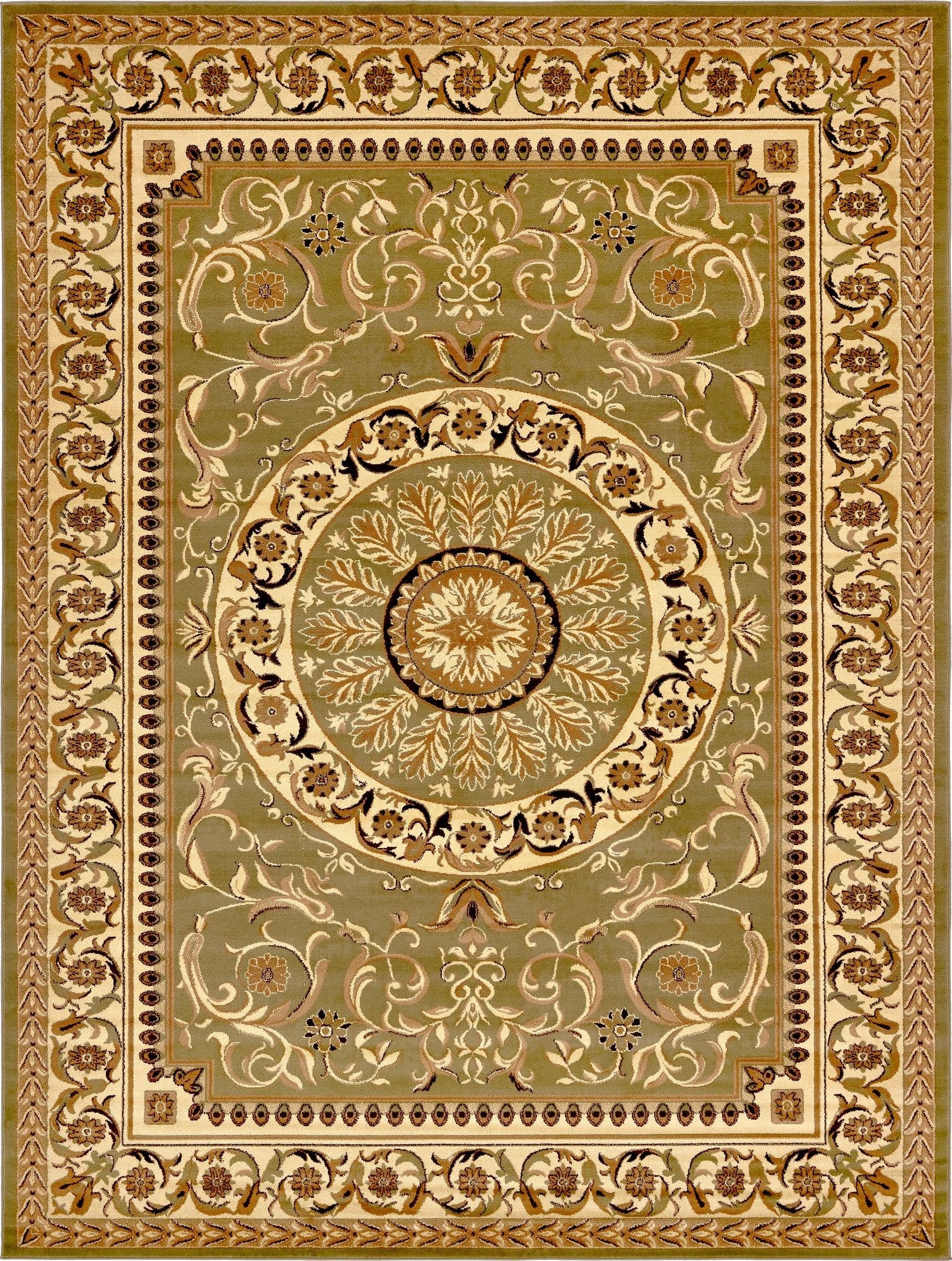 A 10x13 rectangular Chateau rug featuring a traditional botanical medallion pattern in shades of green, beige, and brown.