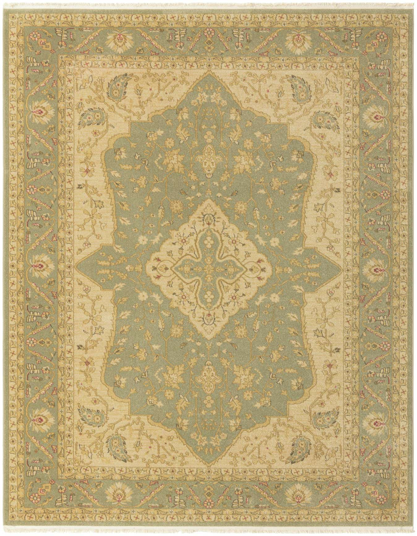 A 7x10 rectangular Chelsea rug in sage green and beige with a traditional botanical medallion pattern.