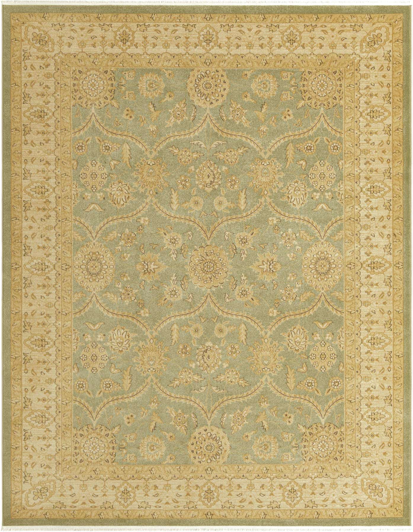 An 8x11 rectangular indoor rug featuring a traditional botanical pattern in shades of green and gold, ideal for a living room.