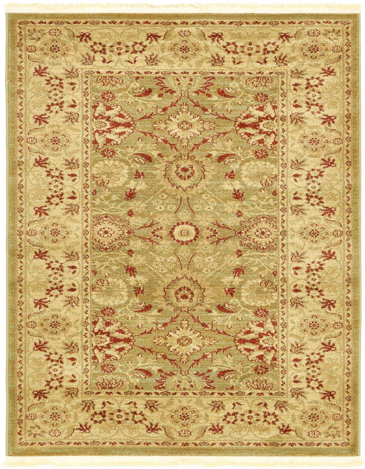 A 3x5 rectangular Rugs.com Chelsea rug featuring a traditional botanical pattern in shades of green and red, with a medium pile.