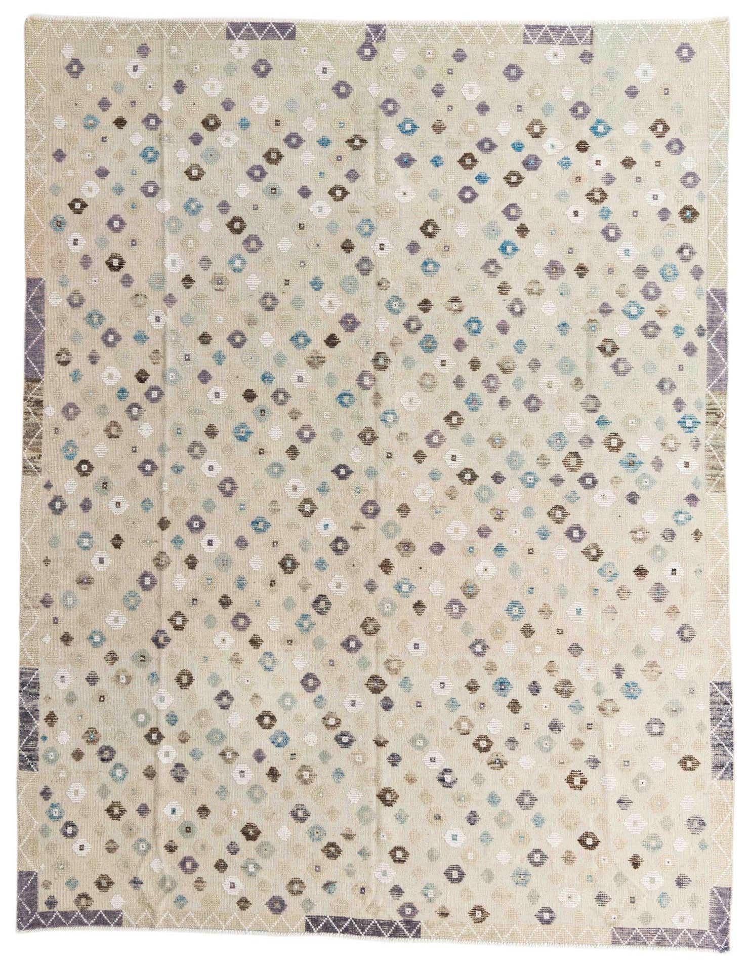 A 9x12 rectangular Darya rug with a modern abstract pattern in shades of green, blue, and brown on a light background, featuring a subtle geometric border.