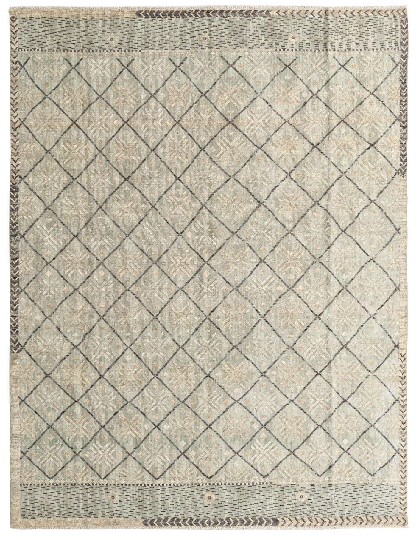 A 9x12 rectangular Darya wool rug in shades of green with a modern abstract diamond pattern and patterned borders.