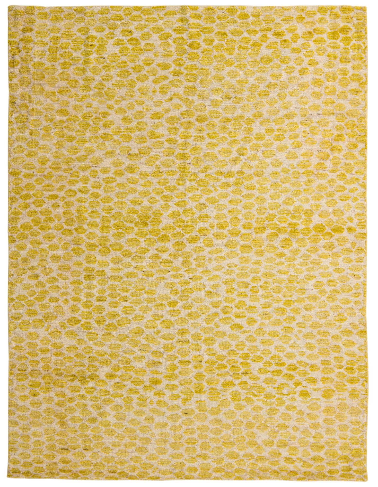 A 7x10 rectangular Darya rug in green and cream, featuring a modern abstract dotted pattern.