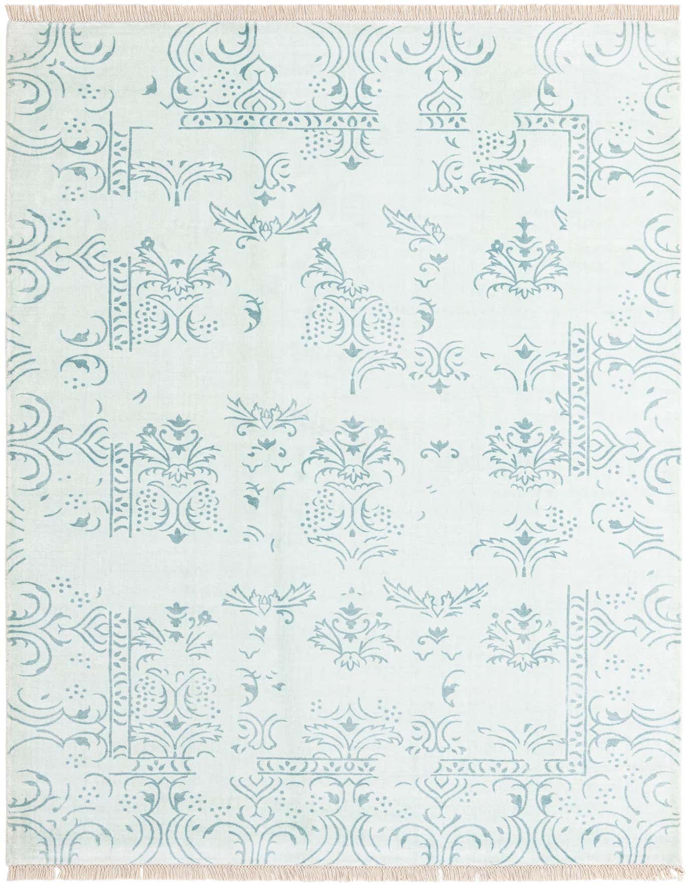 A 5x8 rectangular Darya Collection rug in light green with a subtle modern floral and scroll pattern, featuring fringed ends.