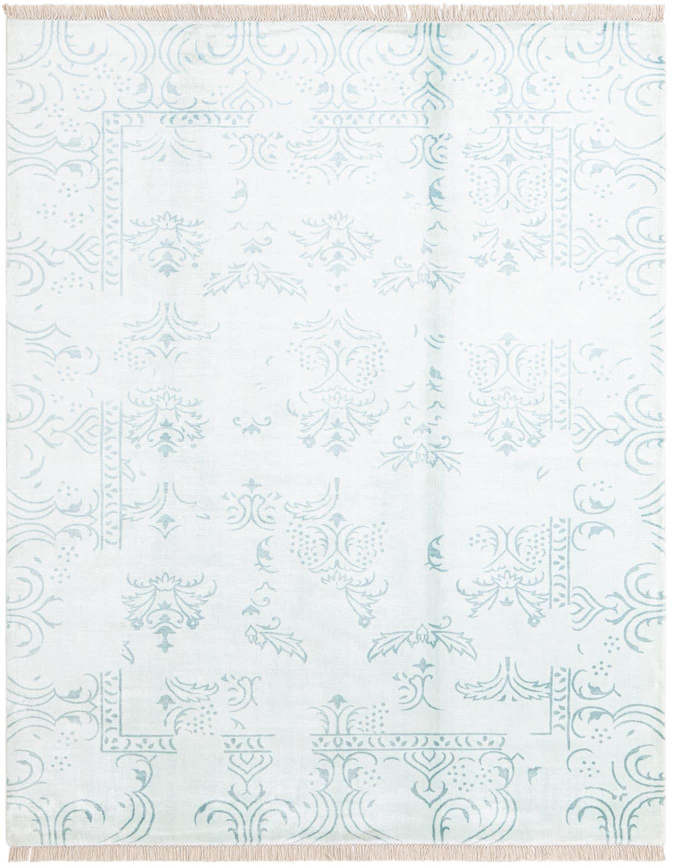 A 5x8 rectangular Darya rug by Rugs.com with a light green modern pattern on a white background, featuring short fringe.