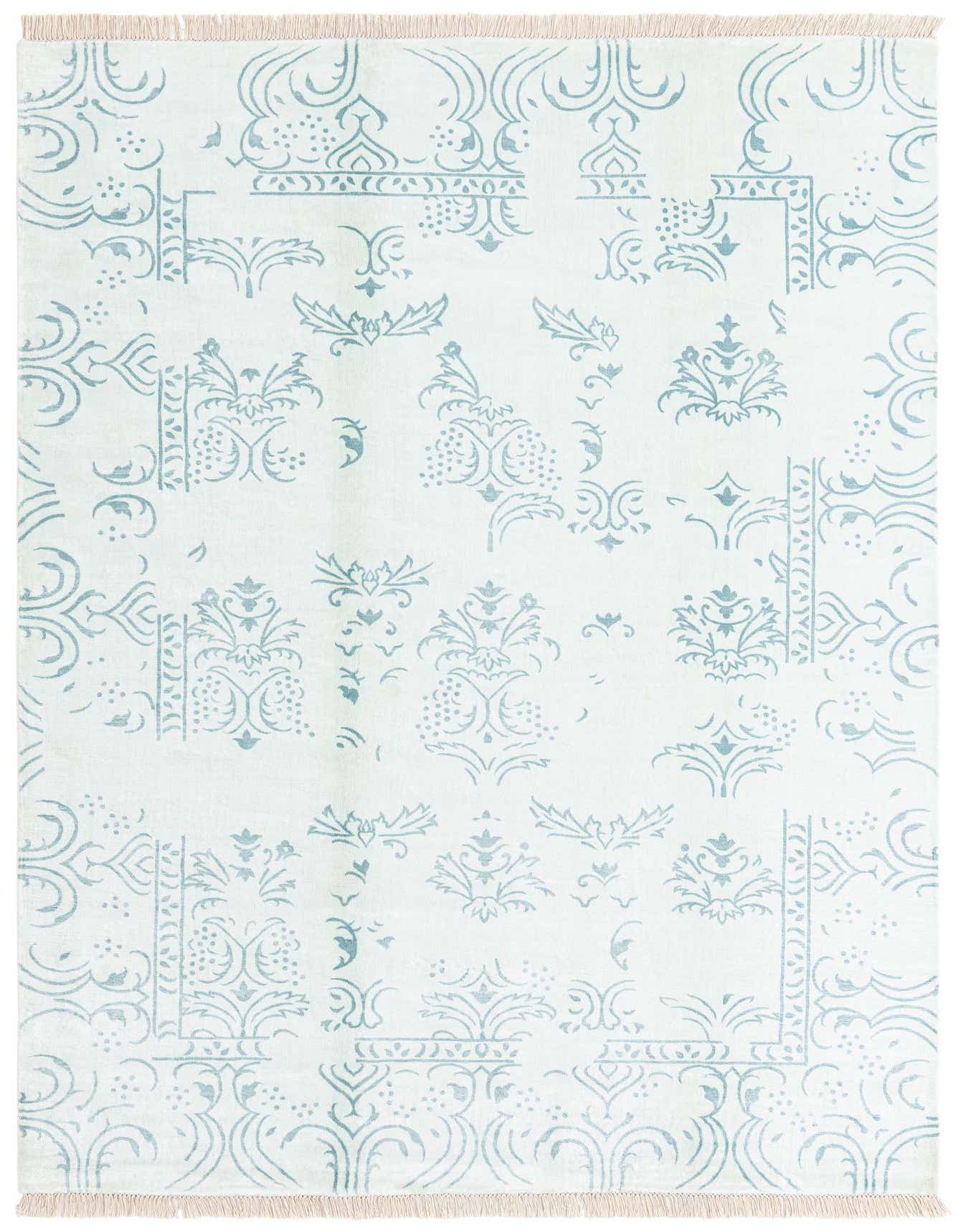 A 5x8 rectangular Darya rug with a light green modern damask pattern on a white background, featuring short fringe.