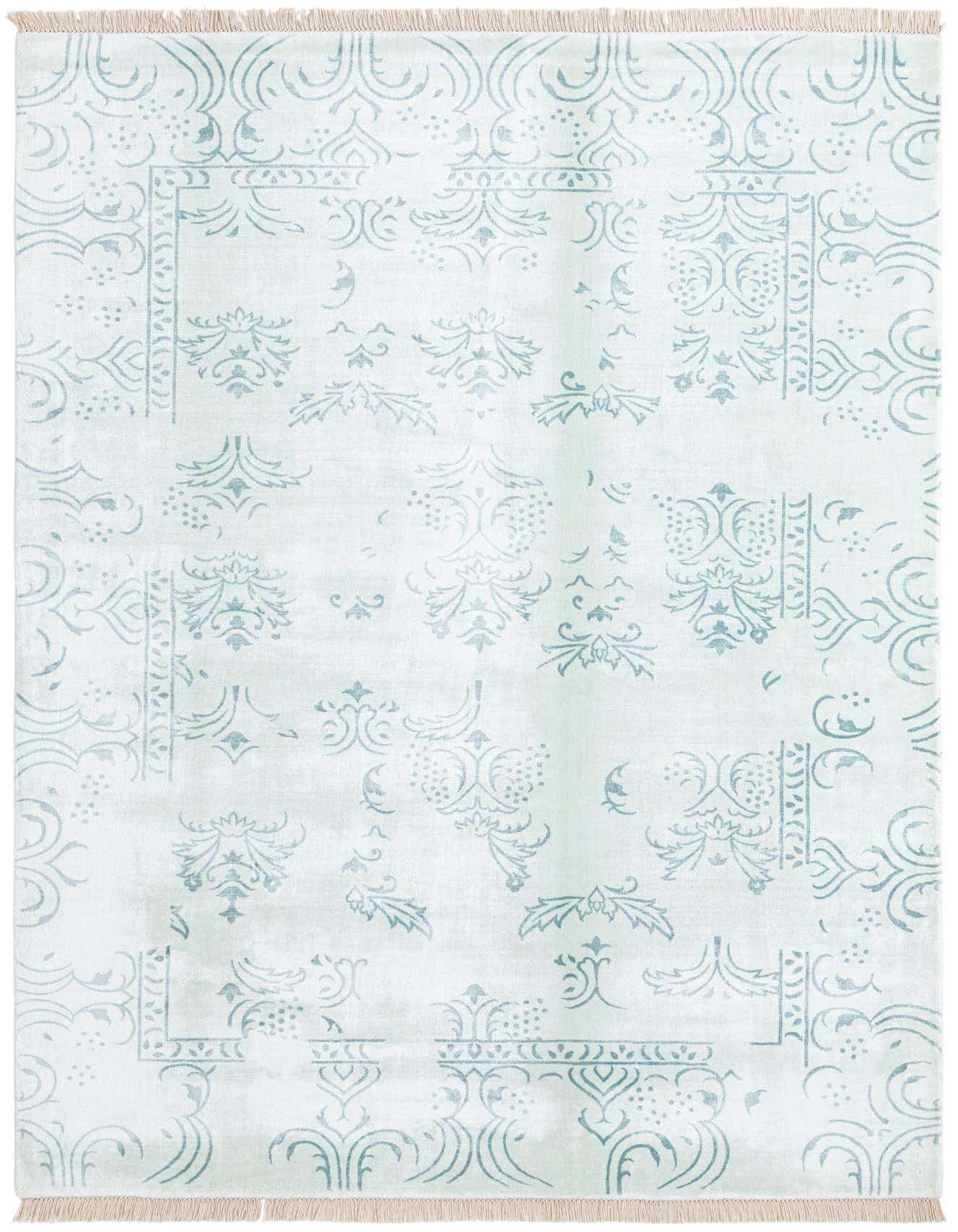 A 5x8 rectangular Darya rug in light green with a subtle modern floral pattern and fringe.