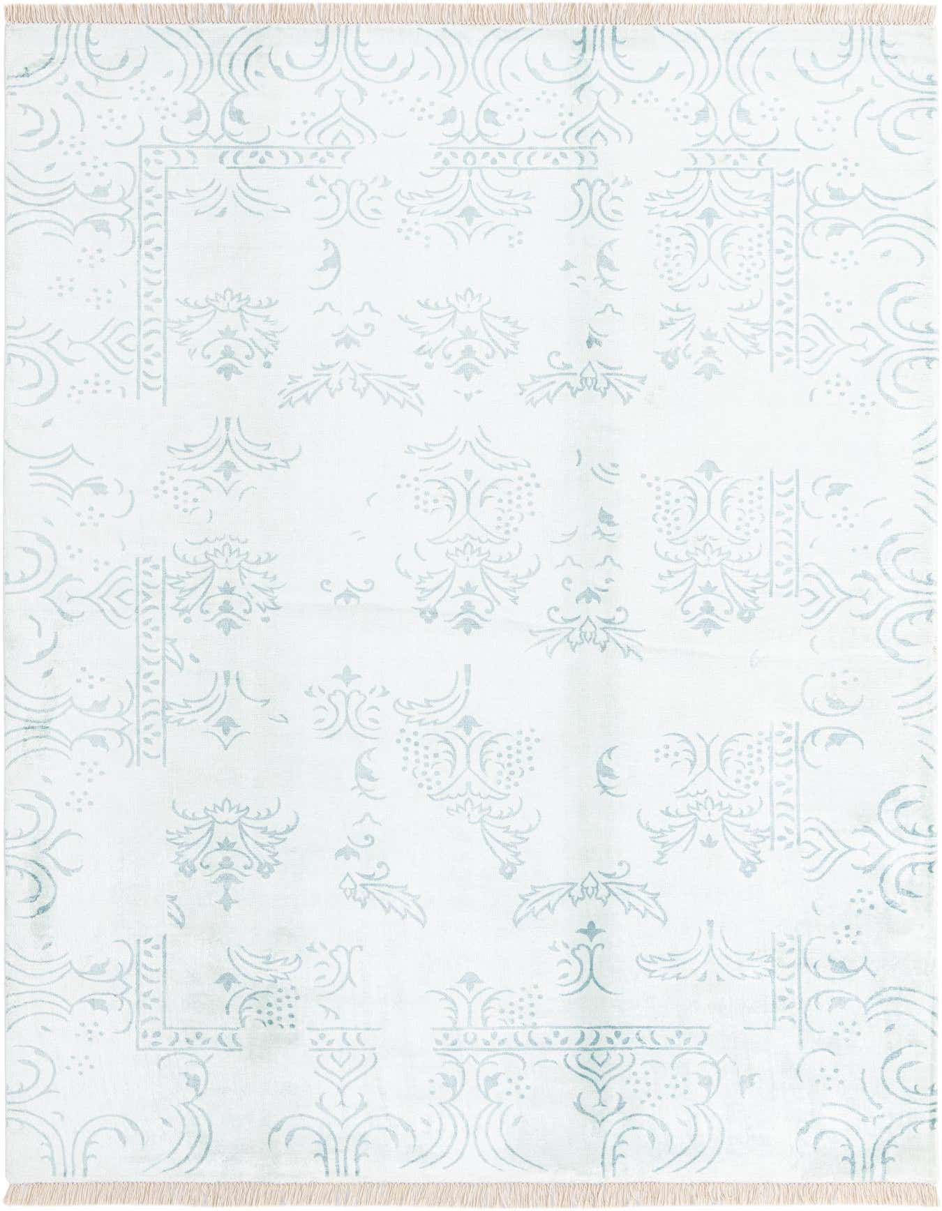 A 5x8 rectangular Darya rug by Rugs.com, featuring a subtle modern green pattern on a light background with fringe.