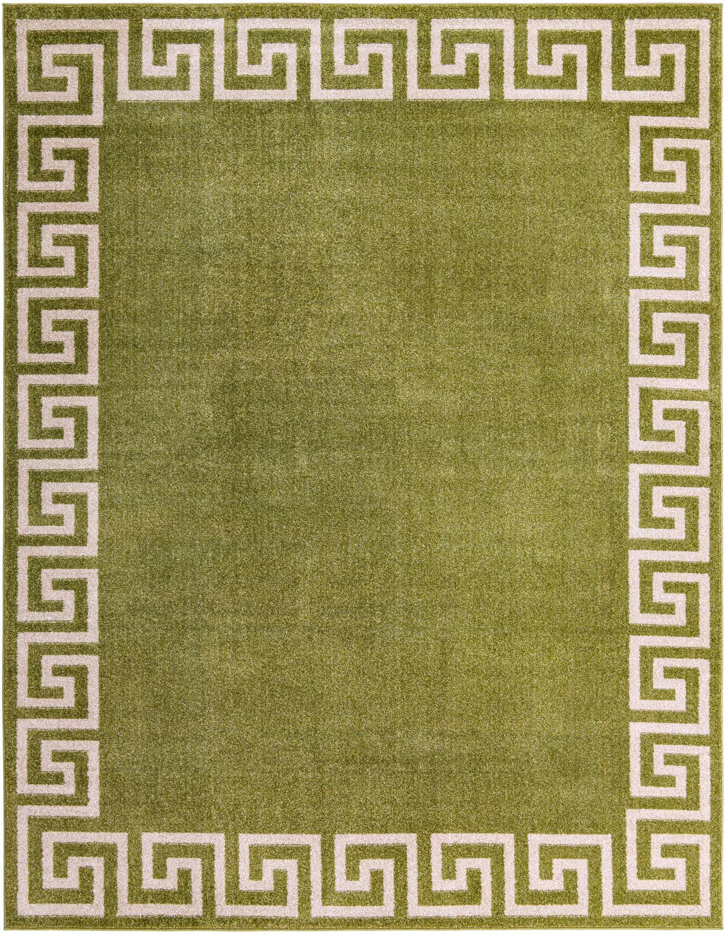A 9x12 rectangular green area rug with a light beige Greek Key border pattern, suitable for a living room or bedroom.