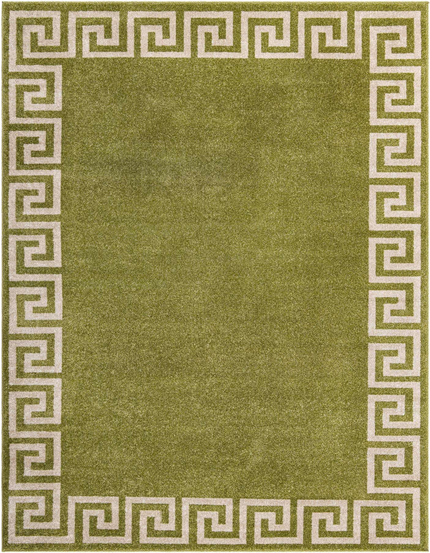 A 7x10 rectangular green area rug with a light beige Greek key border pattern, suitable for a living room.