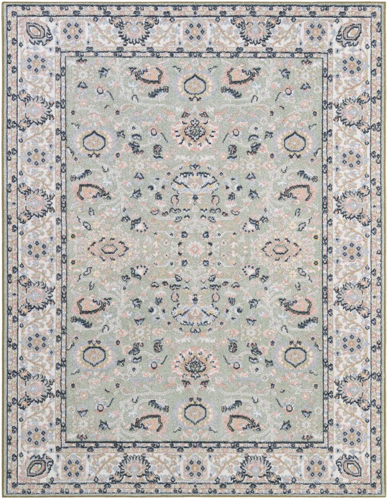 A 5x8 rectangular Kamala Washable rug in light green with a vintage Oriental pattern, featuring a detailed border in cream, pink, and navy.