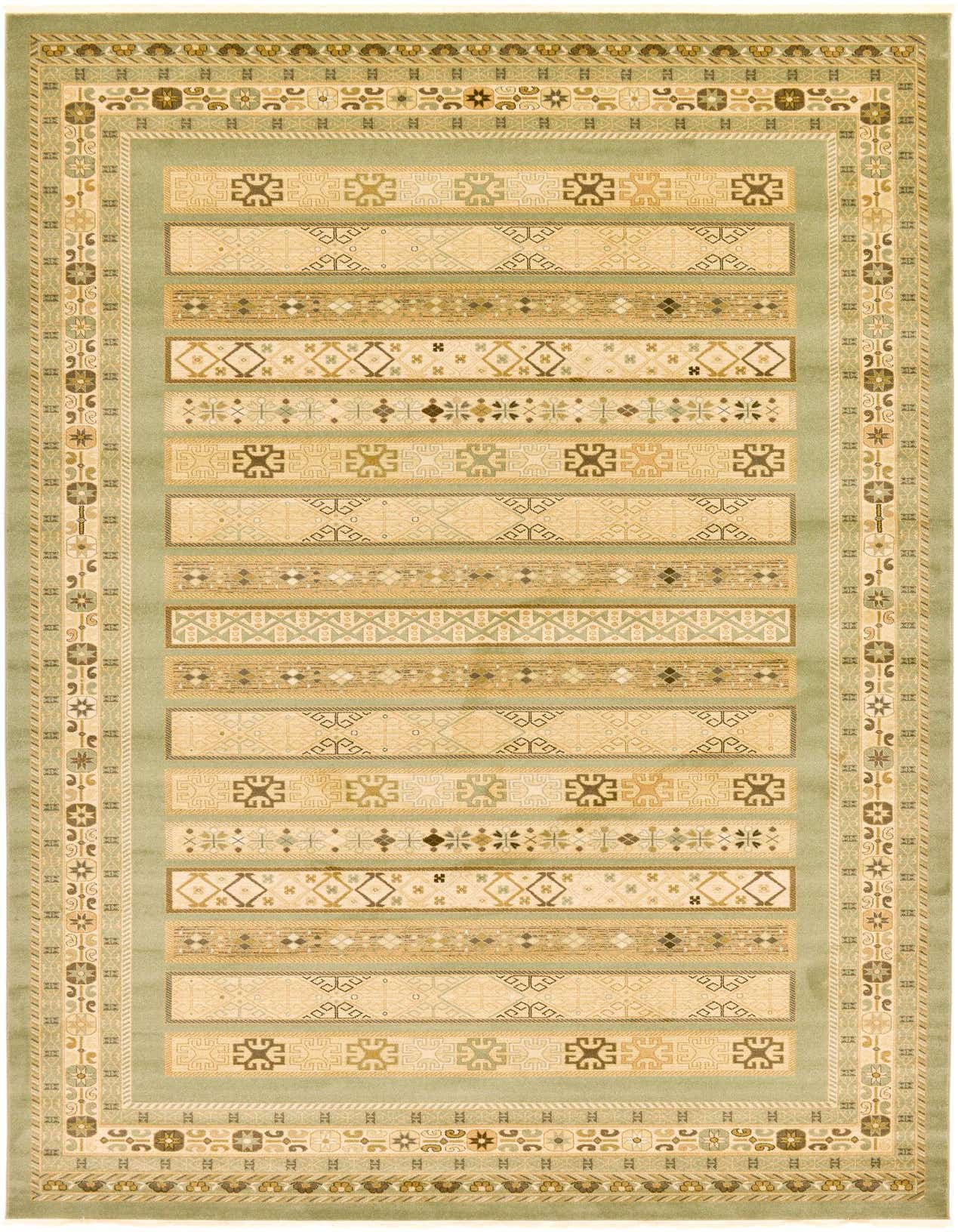 Rectangular Kashkuli Gabbeh rug in shades of green with striped tribal and botanical patterns, ideal for a living room or bedroom.