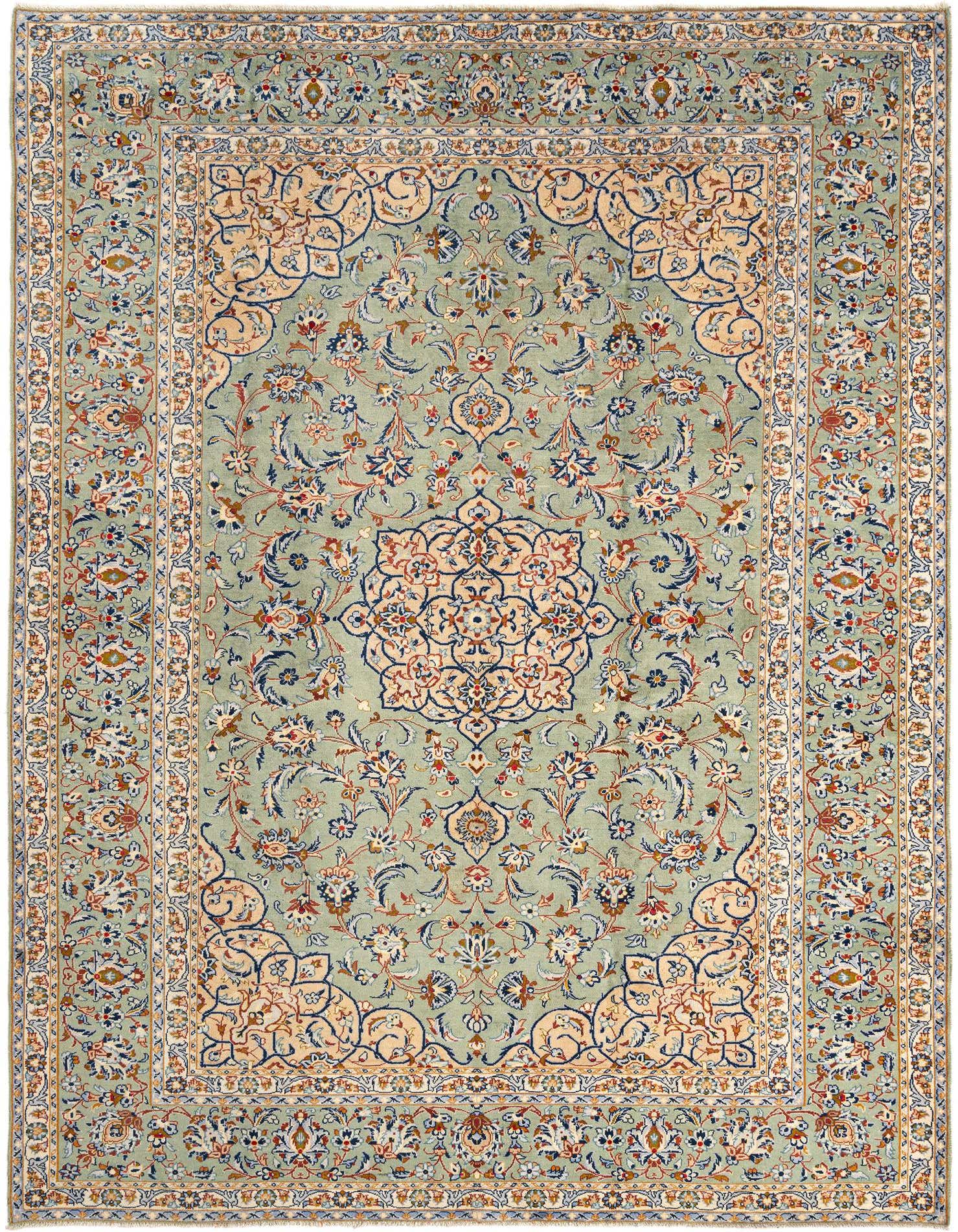 An 8x11 rectangular Kerman Persian rug in shades of green with an intricate floral medallion pattern.