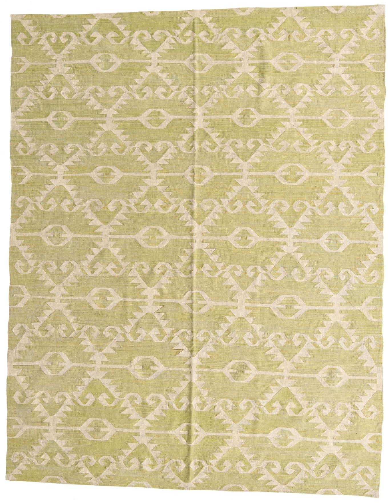 A 7x10 rectangular flatweave Kilim Modern rug in light green with an off-white tribal geometric pattern.