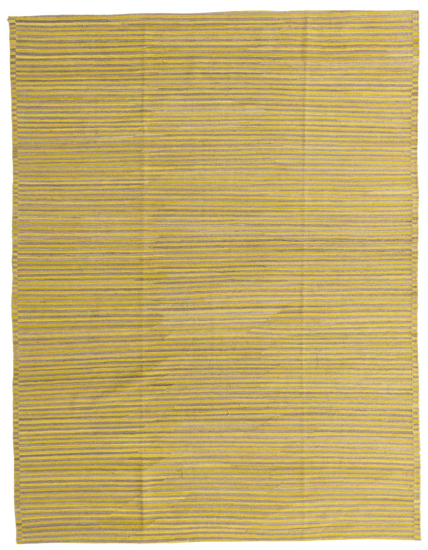 A 6x9 rectangular flatweave Kilim Modern rug by Rugs.com with thin green and gray horizontal stripes.