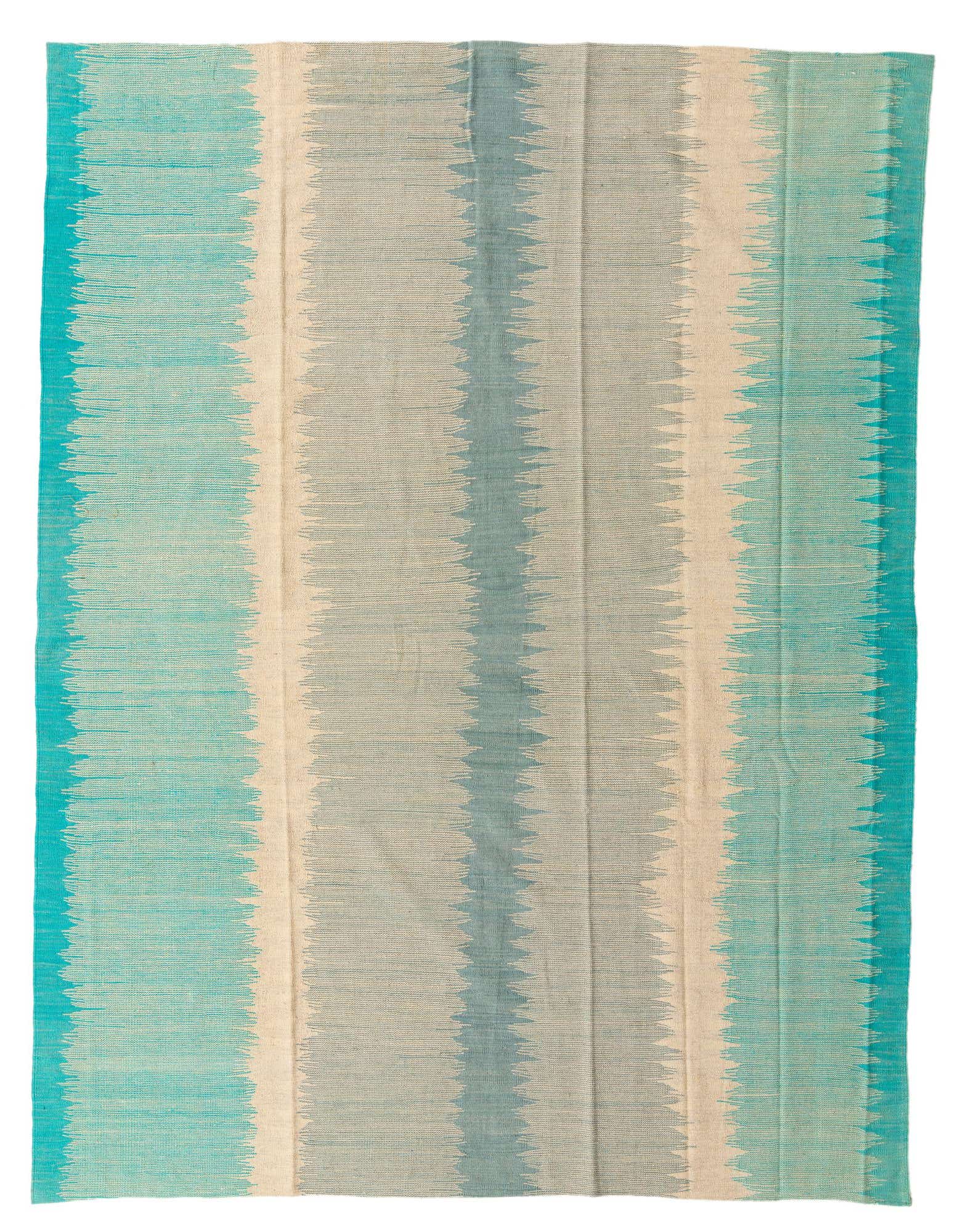 A rectangular 8x10 green and off-white flatweave rug with a modern tribal stripe pattern, ideal for a living room.