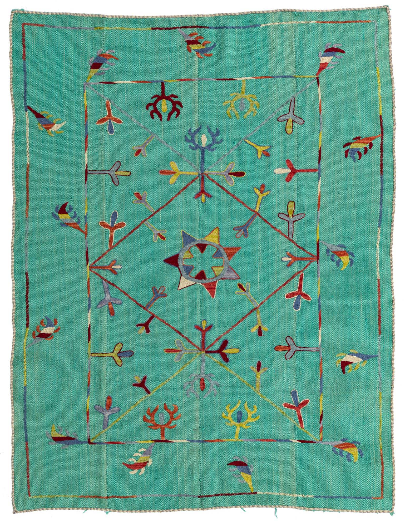 A 5x8 rectangular Kilim Suzani rug in vibrant green with a colorful tribal, abstract pattern and flatweave texture.