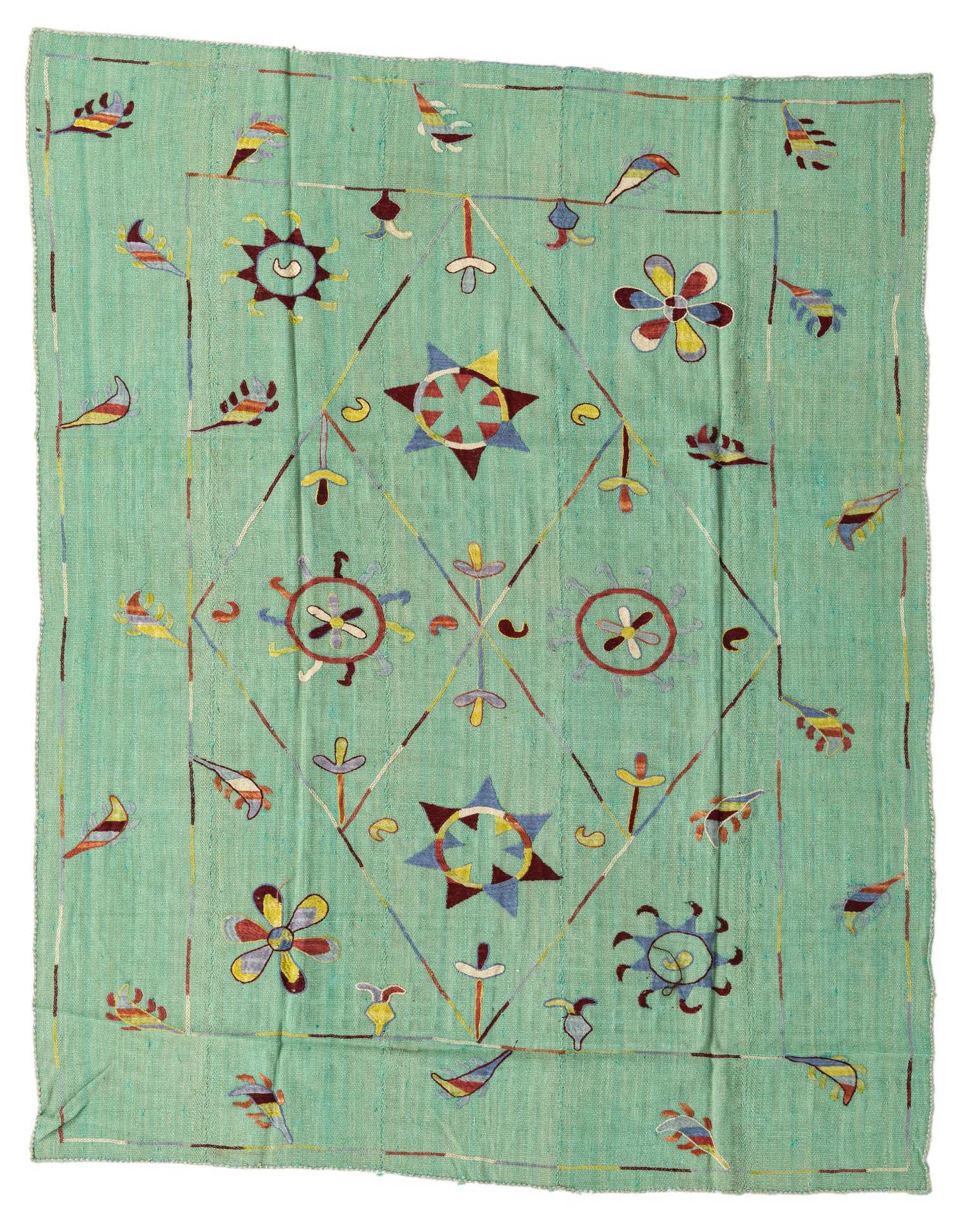 A 5x8 rectangular Kilim Suzani rug featuring a green background with colorful tribal and floral patterns.